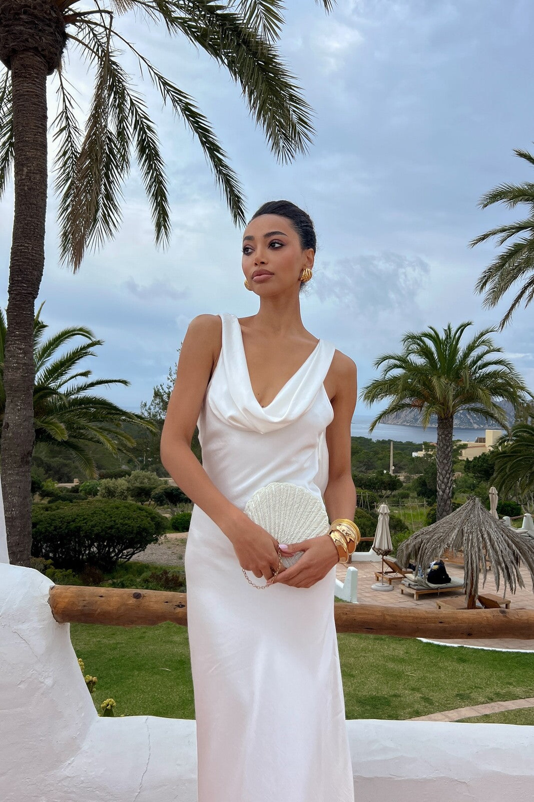 White Draped Neckline Dress