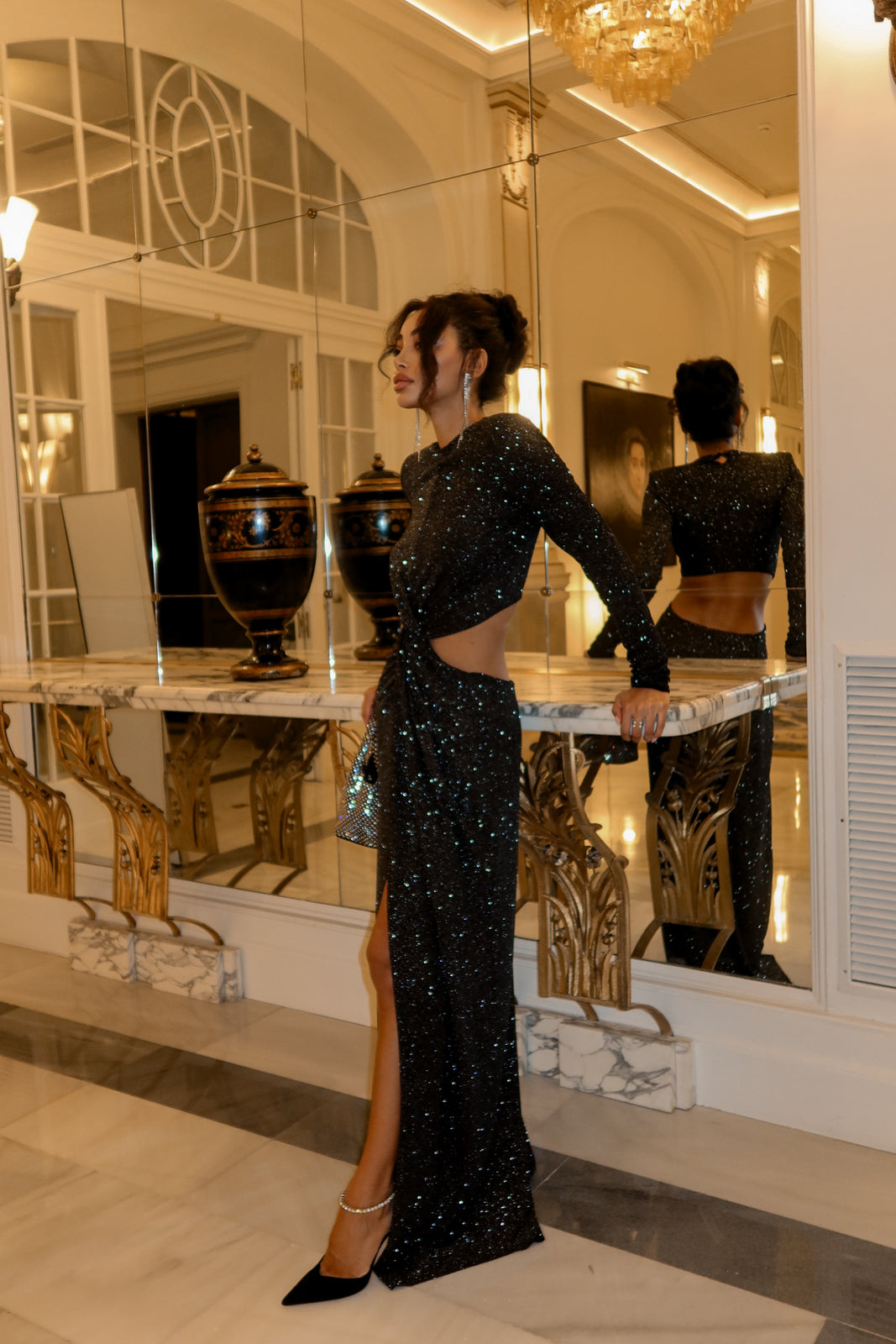 VESTITO LUNGO NERO CON GLITTER