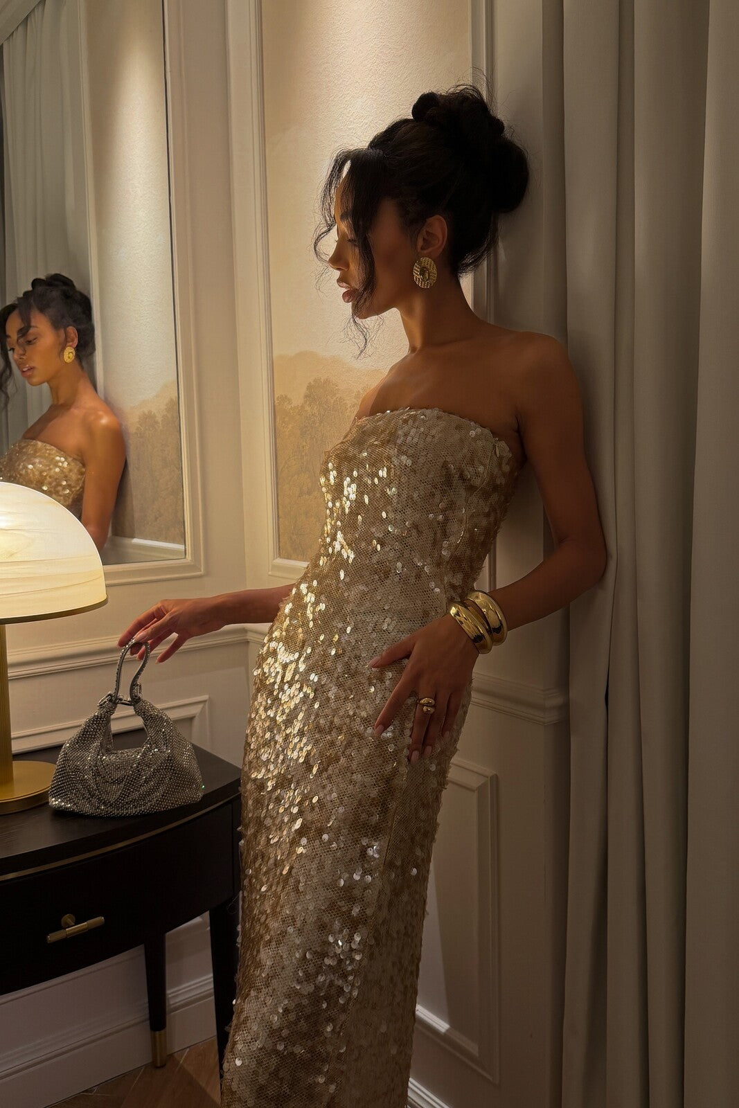 GOLD STRAPLESS STRAIGHT-NECKLINE DRESS - KAO GOLD STRAPLESS STRAIGHT-NECKLINE DRESS - KAO