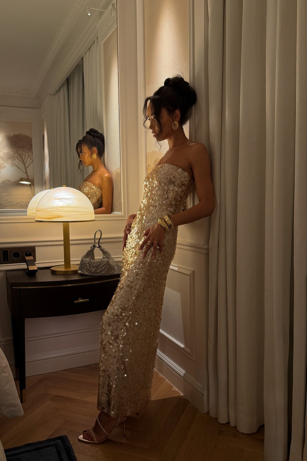 Gold Strapless Straight-Neckline Dress