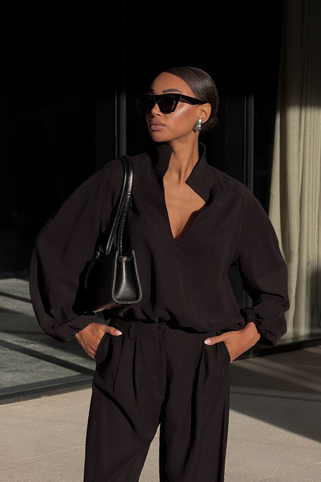BLACK CUPRO BLOUSE WITH OPEN COLLAR