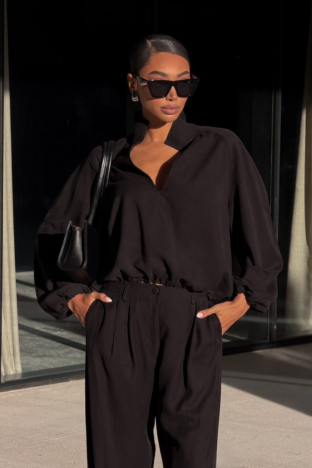 BLACK CUPRO BLOUSE WITH OPEN COLLAR