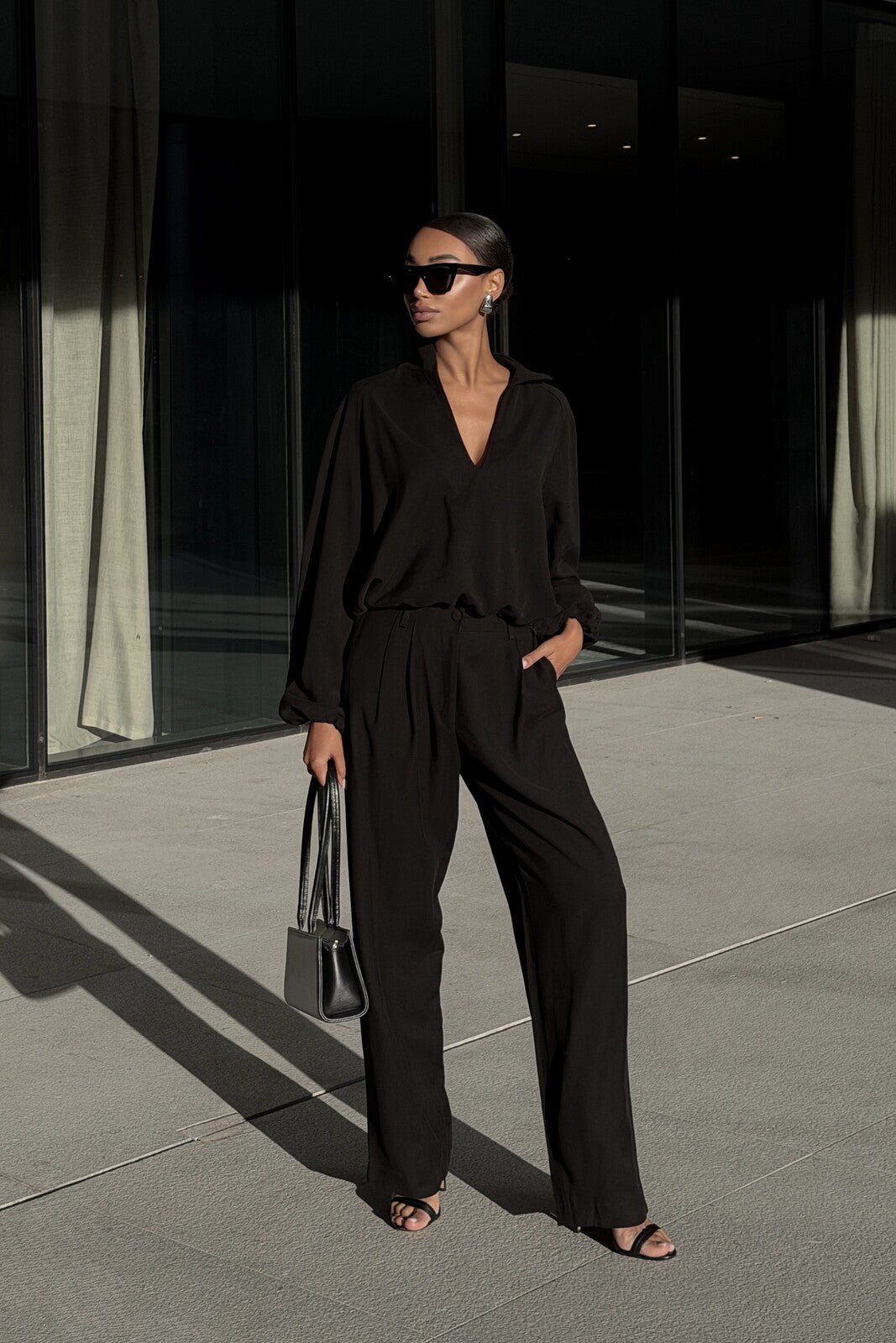 BLACK STRAIGHT-LEG CUPRO TROUSERS