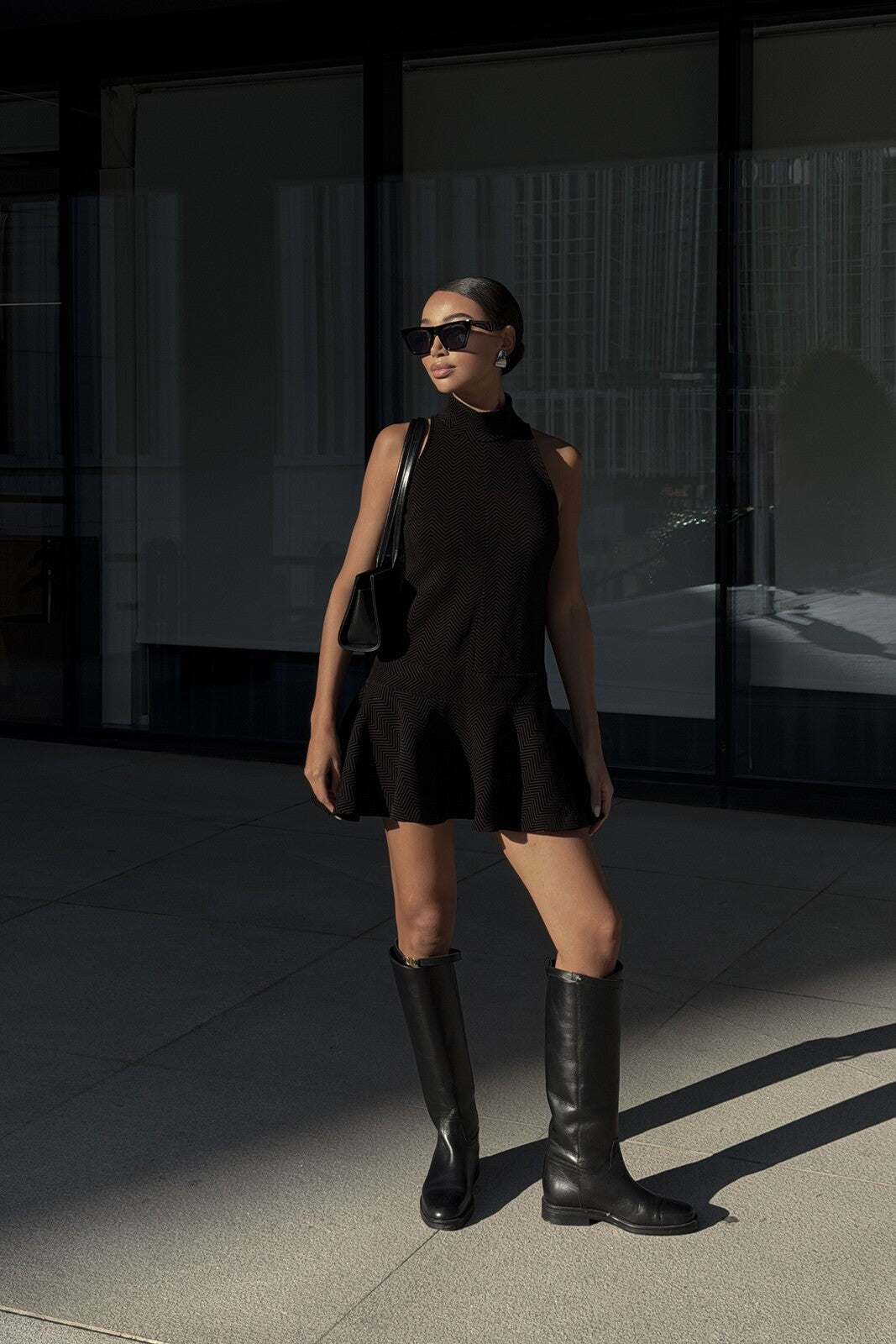 SHORT BLACK DRESS WITH CHEVRON TEXTURE