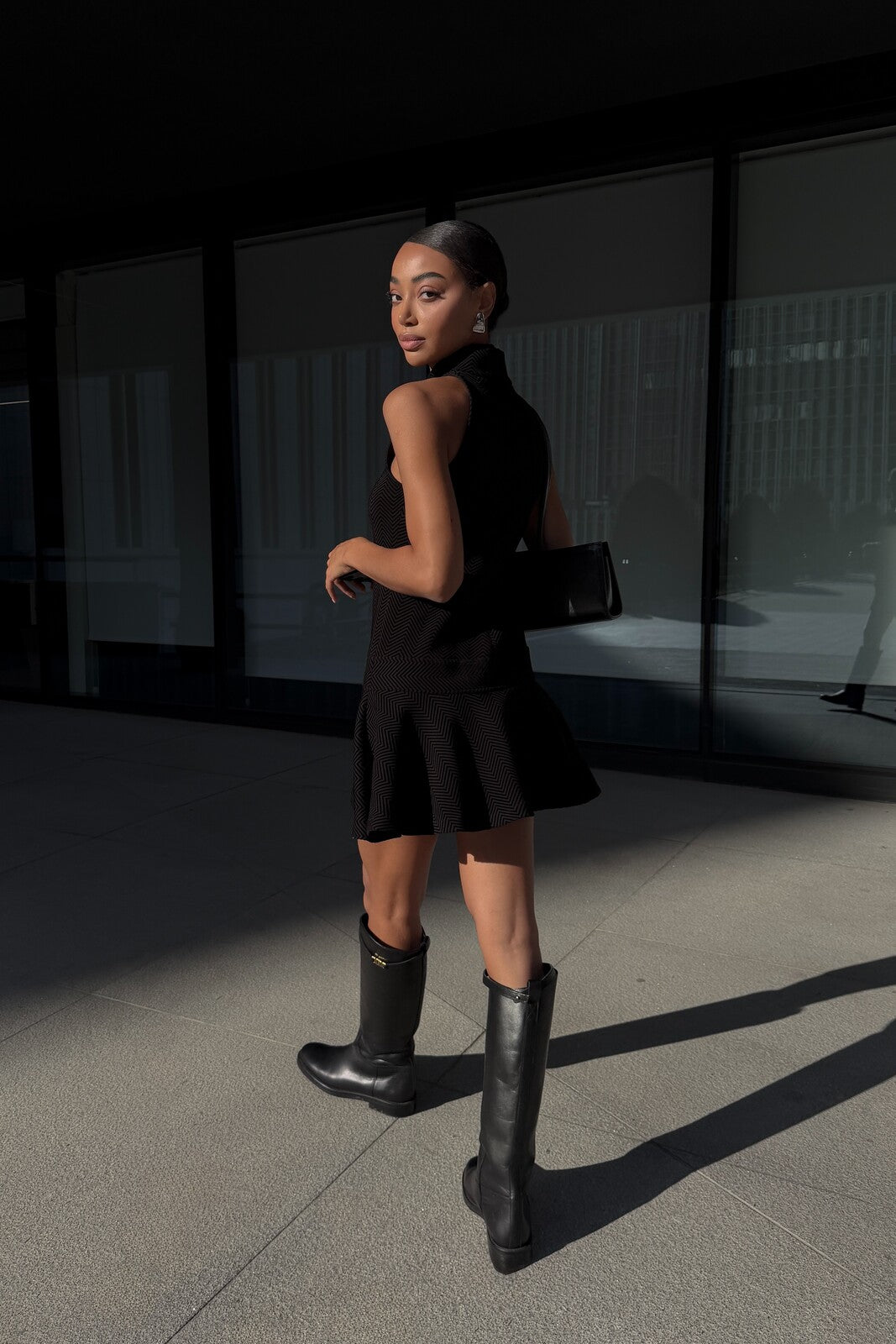 SHORT BLACK DRESS WITH CHEVRON TEXTURE