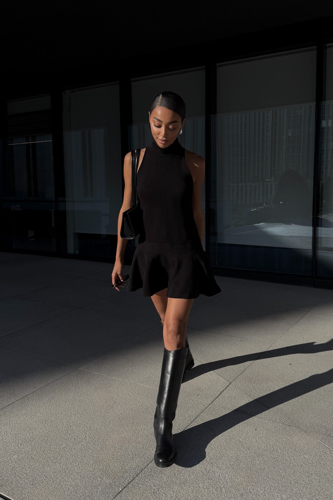 SHORT BLACK DRESS WITH CHEVRON TEXTURE