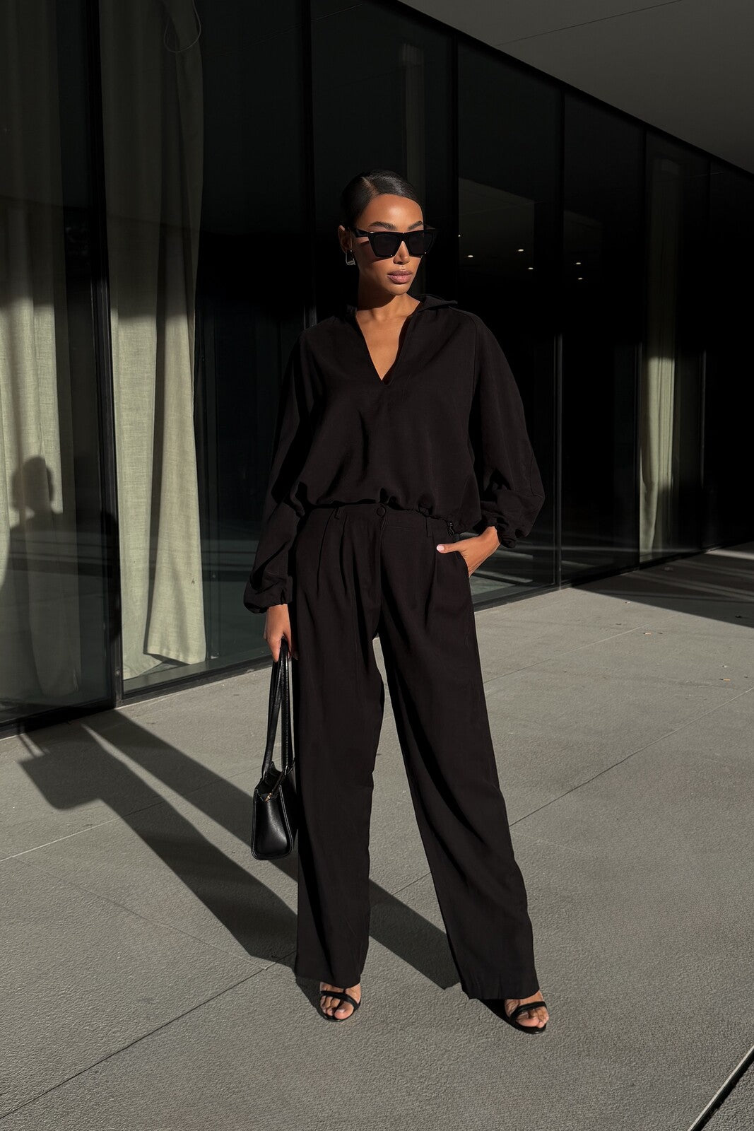 BLACK STRAIGHT-LEG CUPRO TROUSERS