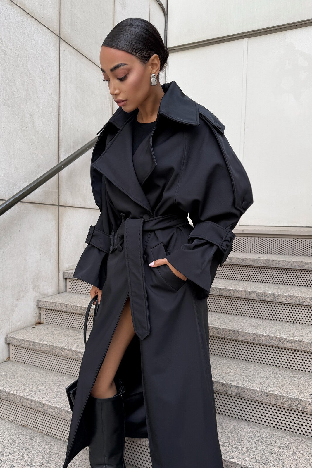 LONG BLACK GABARDINE COAT