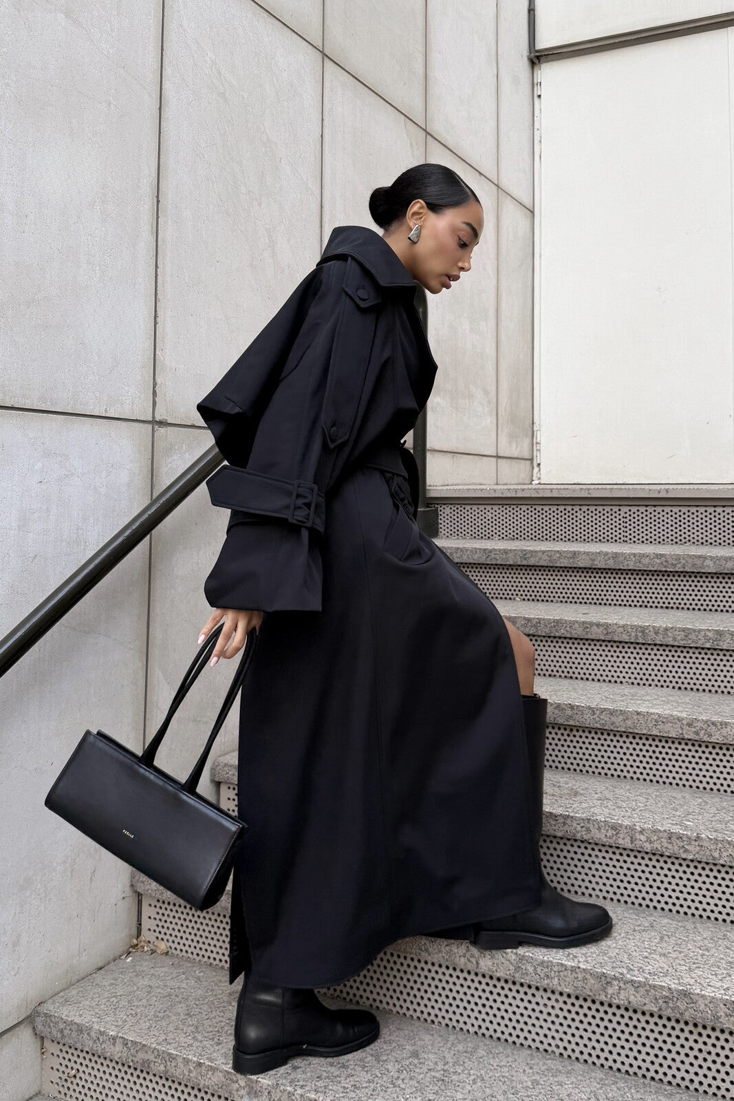 LONG BLACK GABARDINE COAT