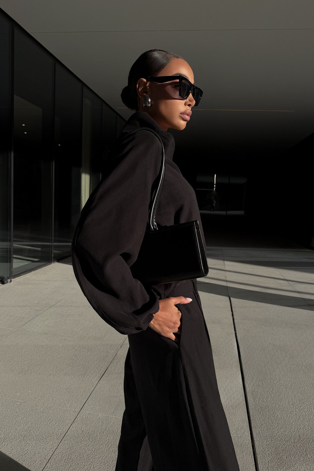 BLACK CUPRO BLOUSE WITH OPEN COLLAR