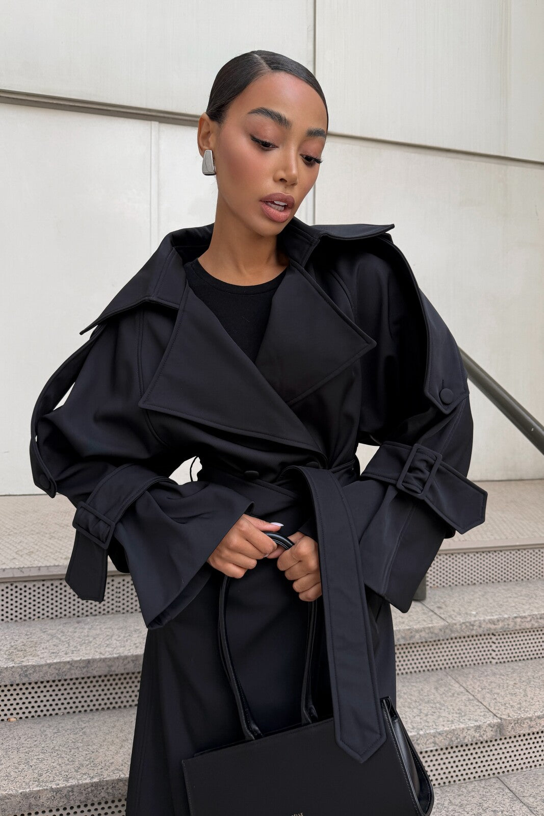 LONG BLACK GABARDINE COAT
