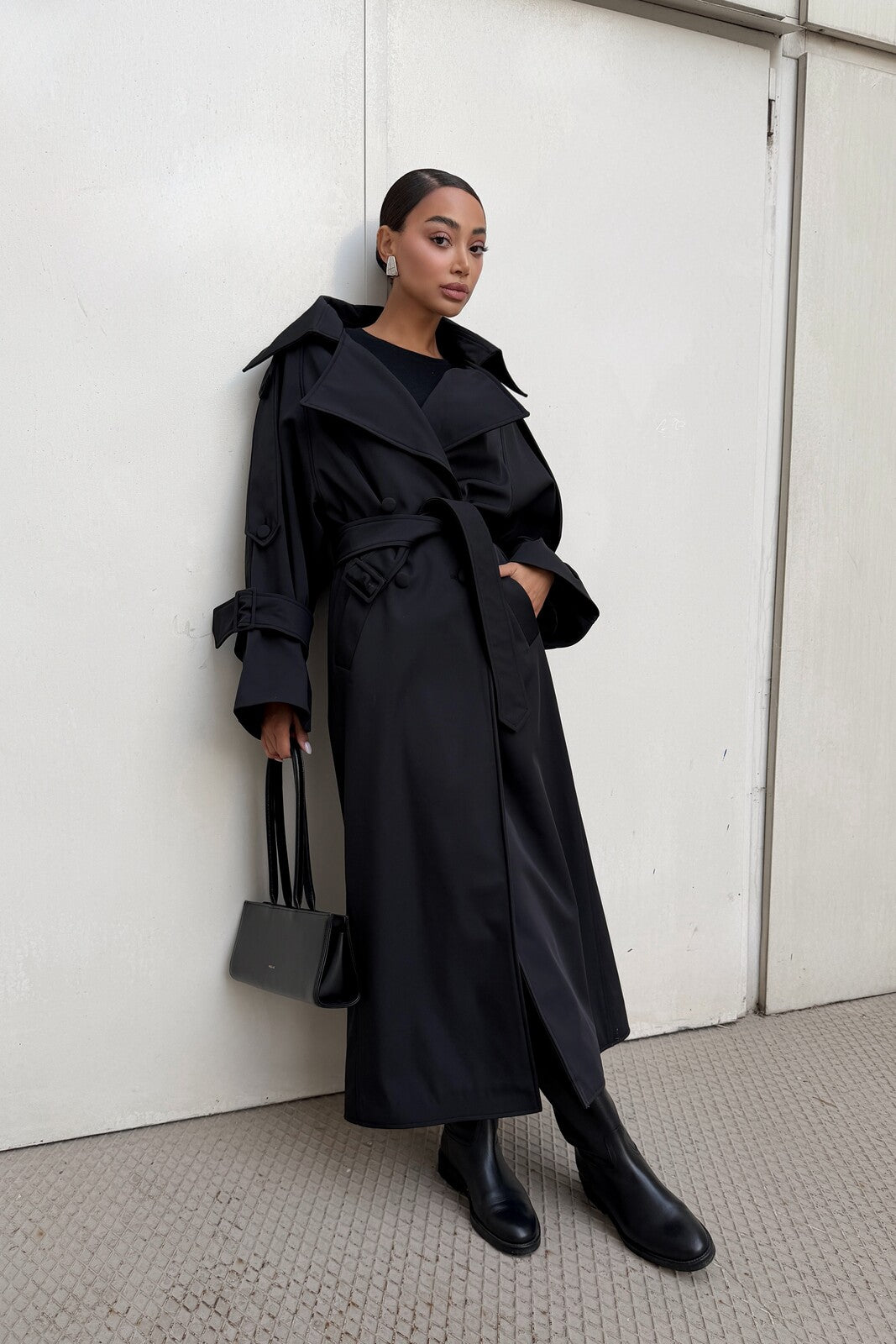 LONG BLACK GABARDINE COAT
