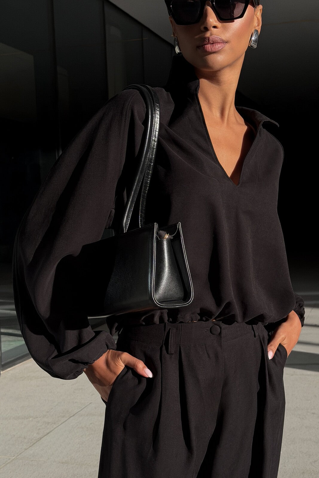 BLACK CUPRO BLOUSE WITH OPEN COLLAR