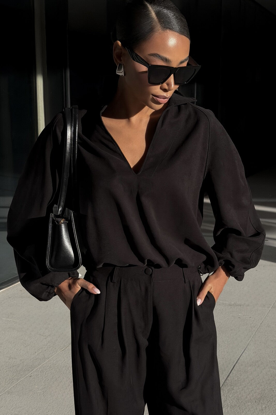 BLACK CUPRO BLOUSE WITH OPEN COLLAR
