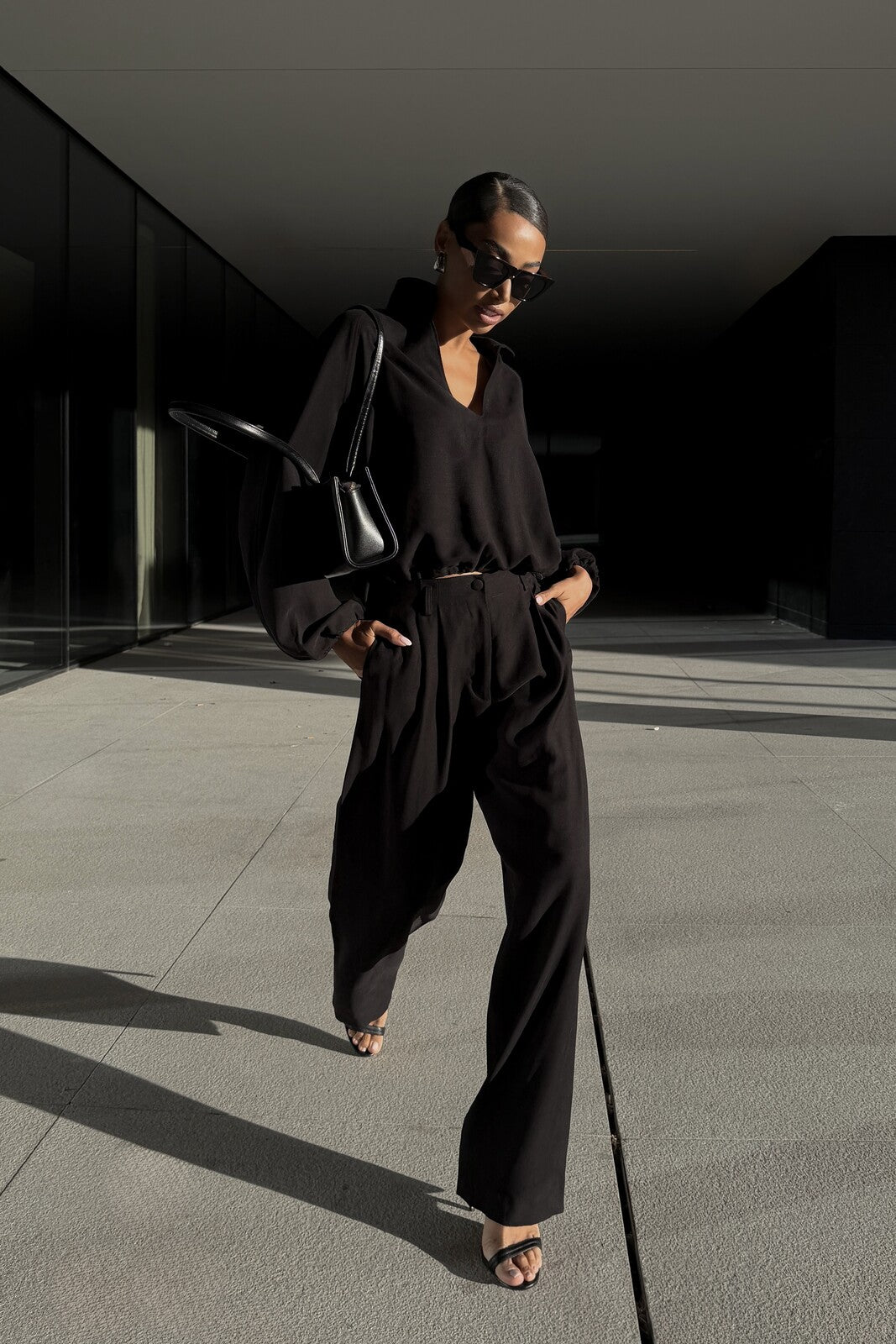 BLACK STRAIGHT-LEG CUPRO TROUSERS