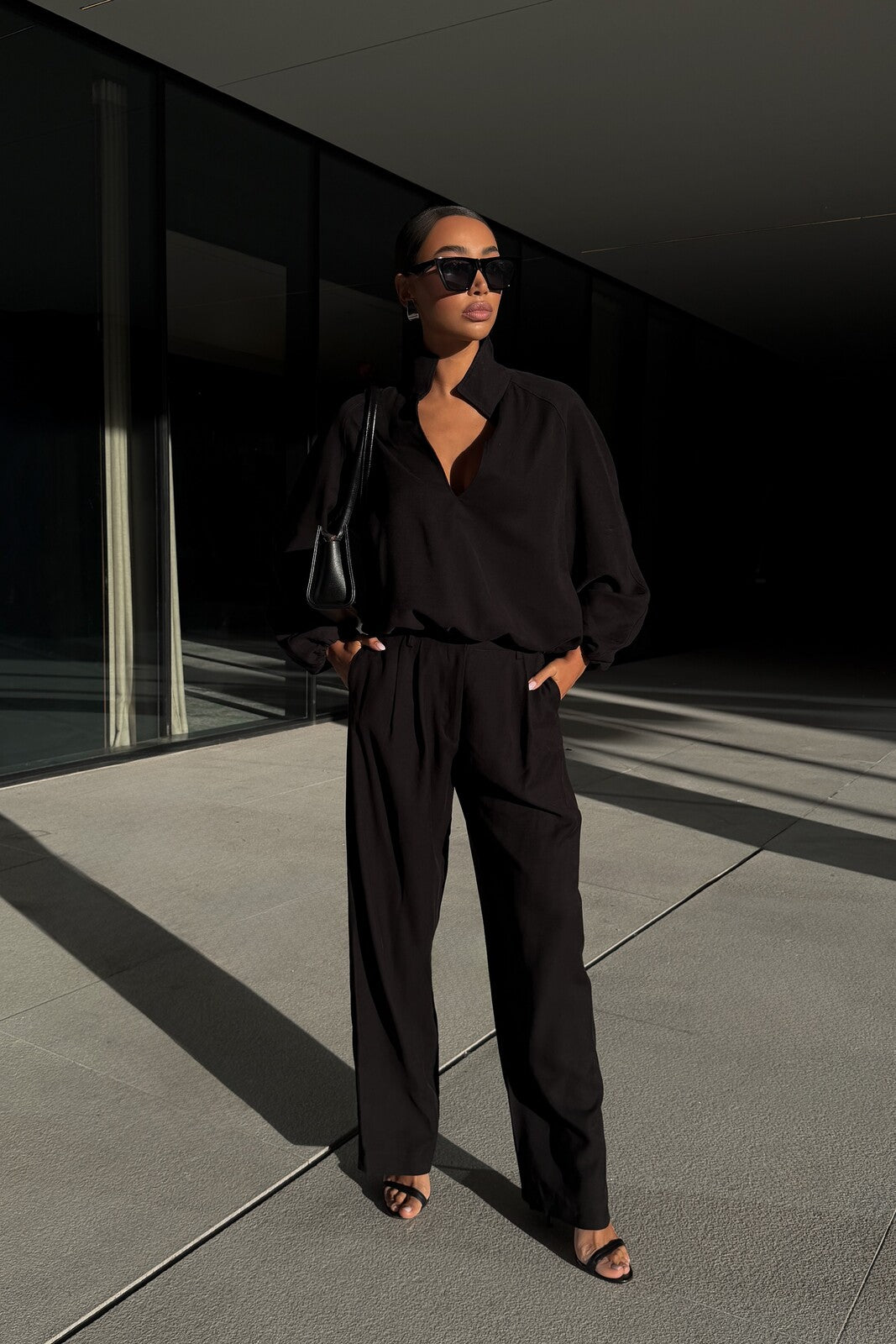 BLACK STRAIGHT-LEG CUPRO TROUSERS