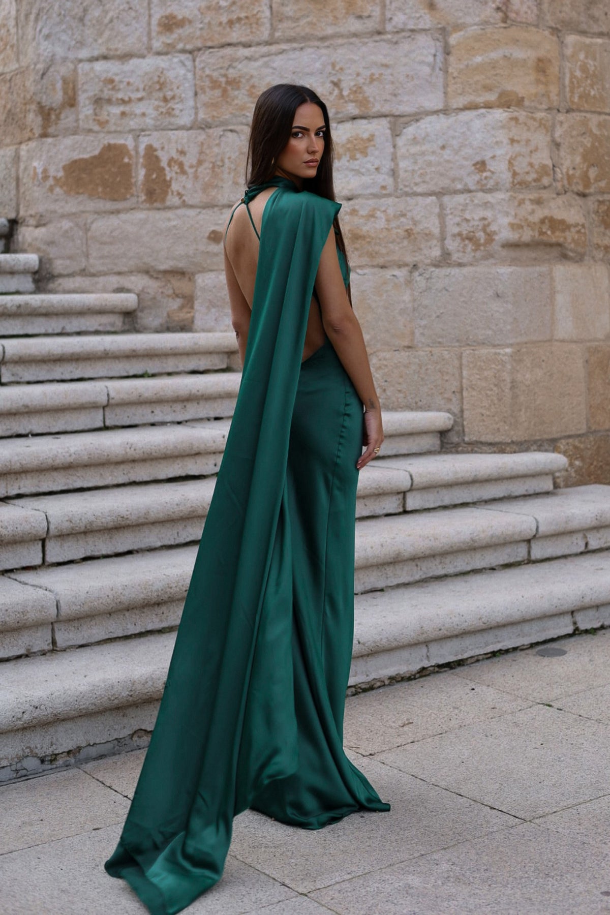 LONG BOTTLE-GREEN DRESS WITH CAPE