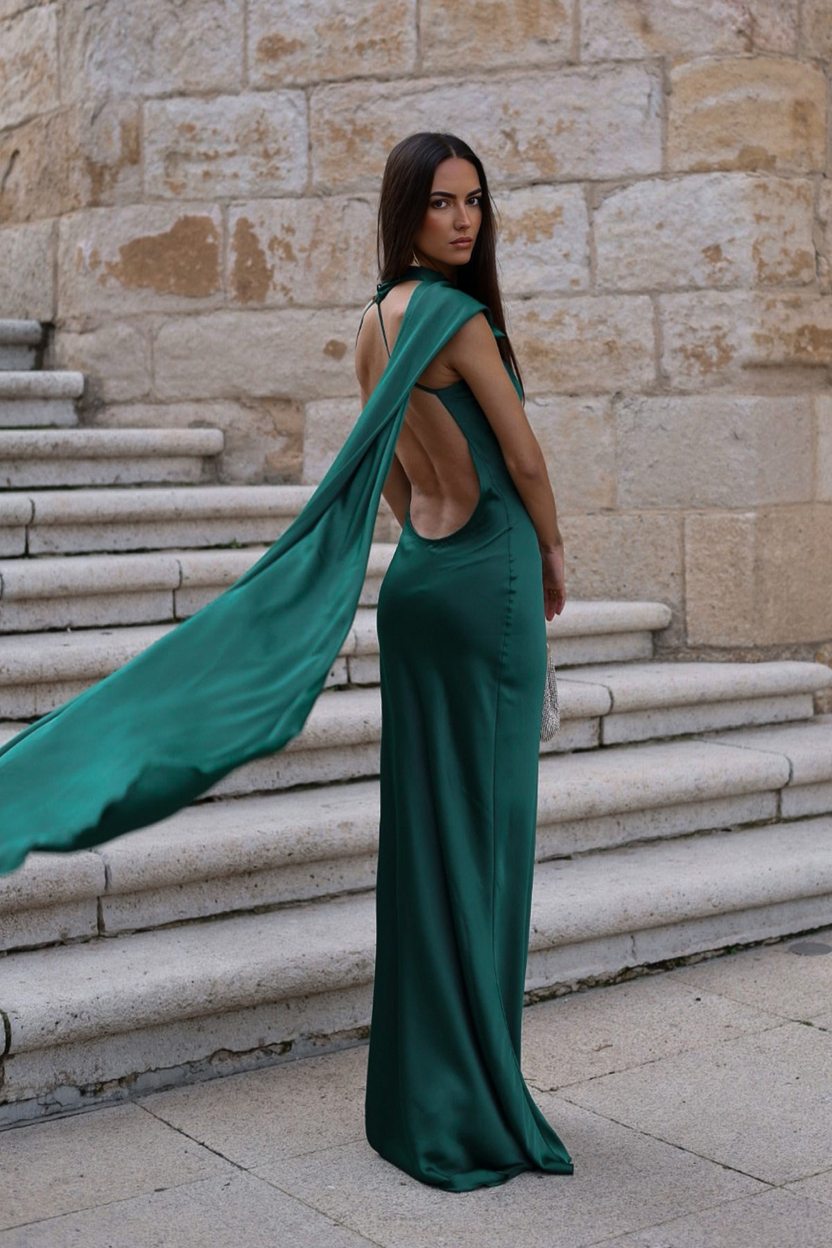 LONG BOTTLE-GREEN DRESS WITH CAPE