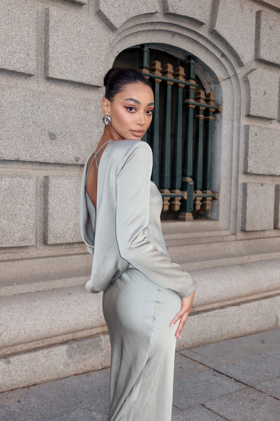 LONG KHAKI GREEN DRESS WITH DRAPED BACK - KAO LONG KHAKI GREEN DRESS WITH DRAPED BACK - KAO