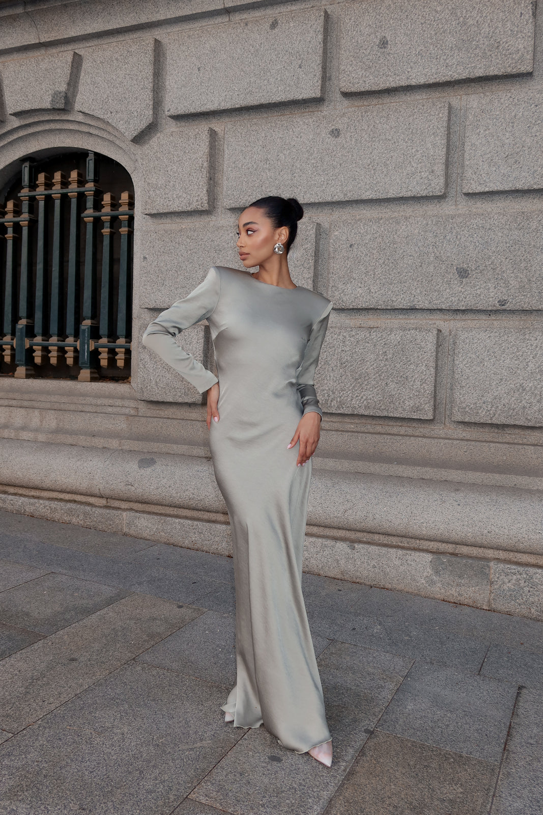 LONG KHAKI GREEN DRESS WITH DRAPED BACK - KAO LONG KHAKI GREEN DRESS WITH DRAPED BACK - KAO