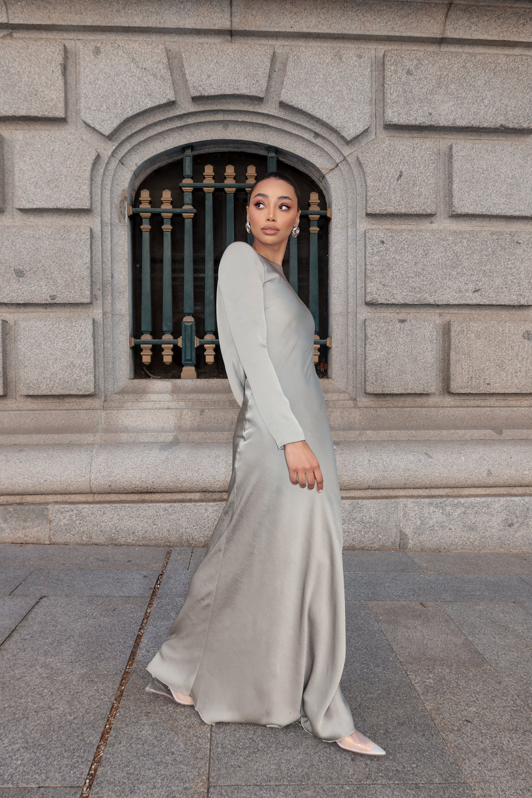 LONG KHAKI GREEN DRESS WITH DRAPED BACK - KAO LONG KHAKI GREEN DRESS WITH DRAPED BACK - KAO