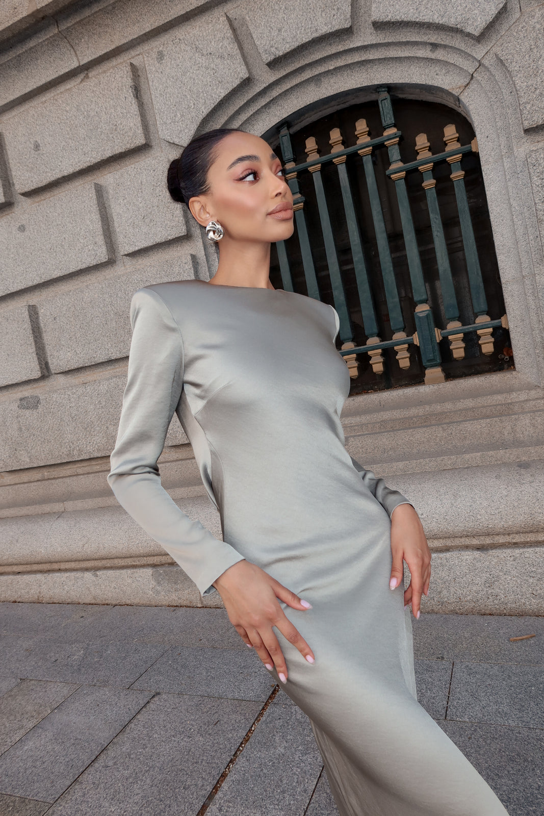 khaki dress formal LONG KHAKI GREEN DRESS WITH DRAPED BACK