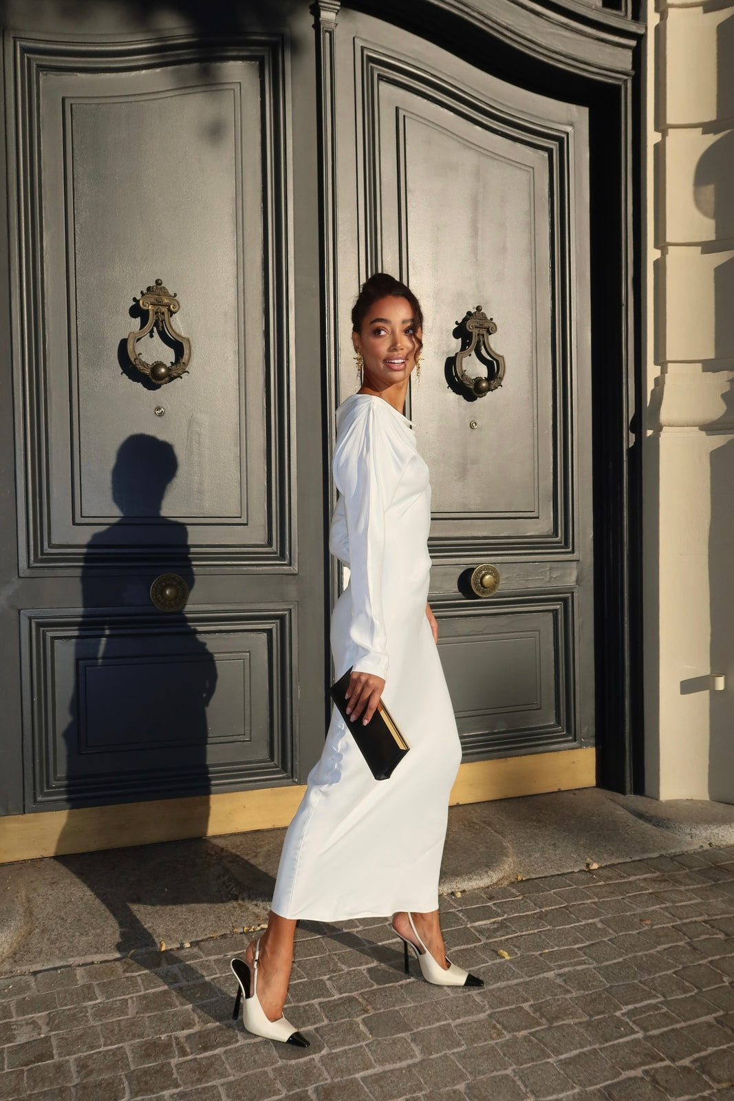 boat neck long sleeve white dress WHITE BOAT NECK DRESS