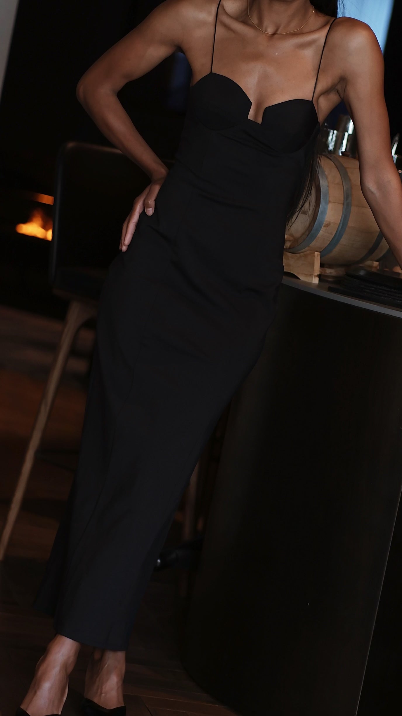 tight black midi dress Tight Black Midi Dress with Thin Strap