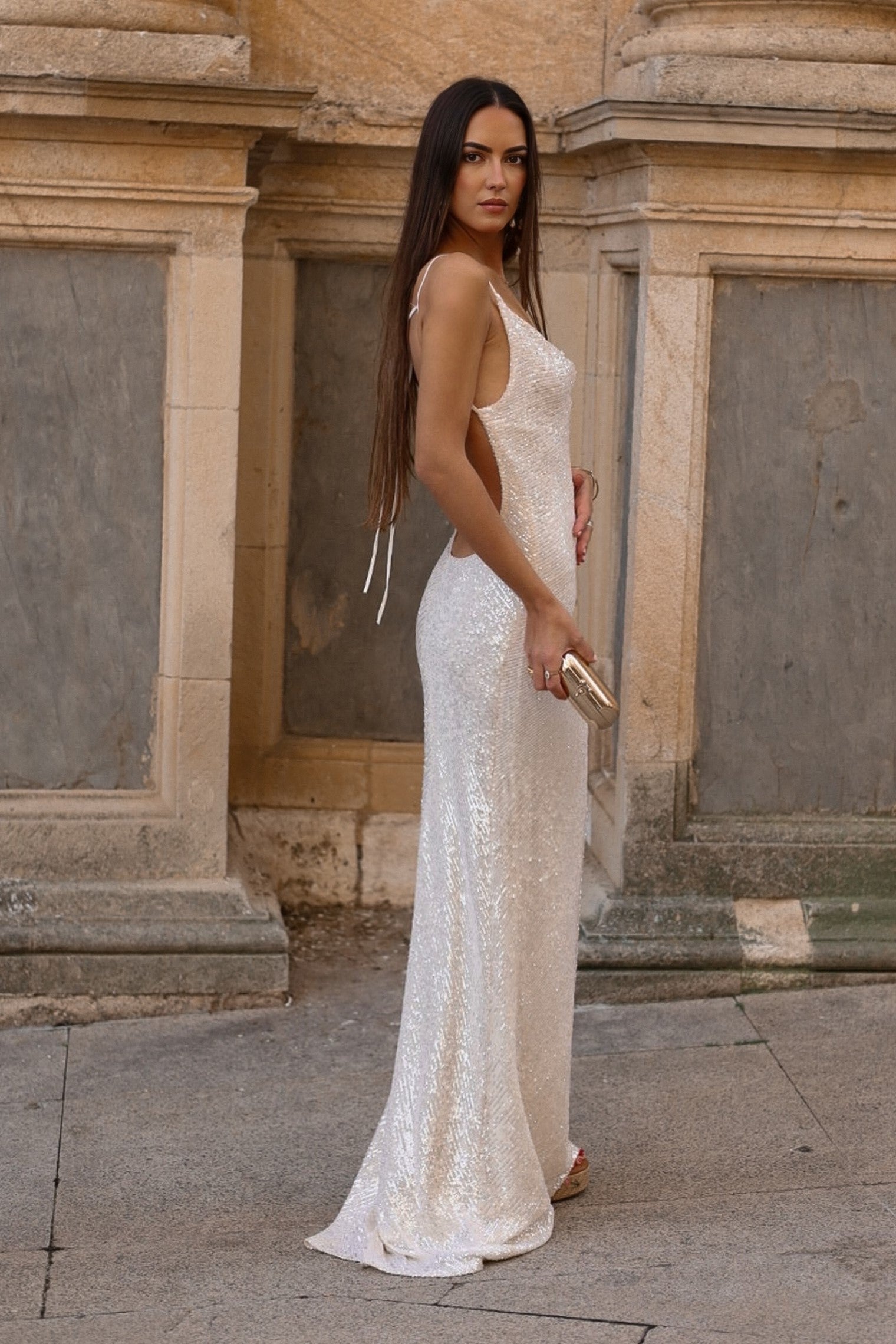 long white sparkly dress SEQUINED PEARL nonbrand Barbie Stripe Dress (Exclusive) spaghetti straps Color:Ivory(photo color)