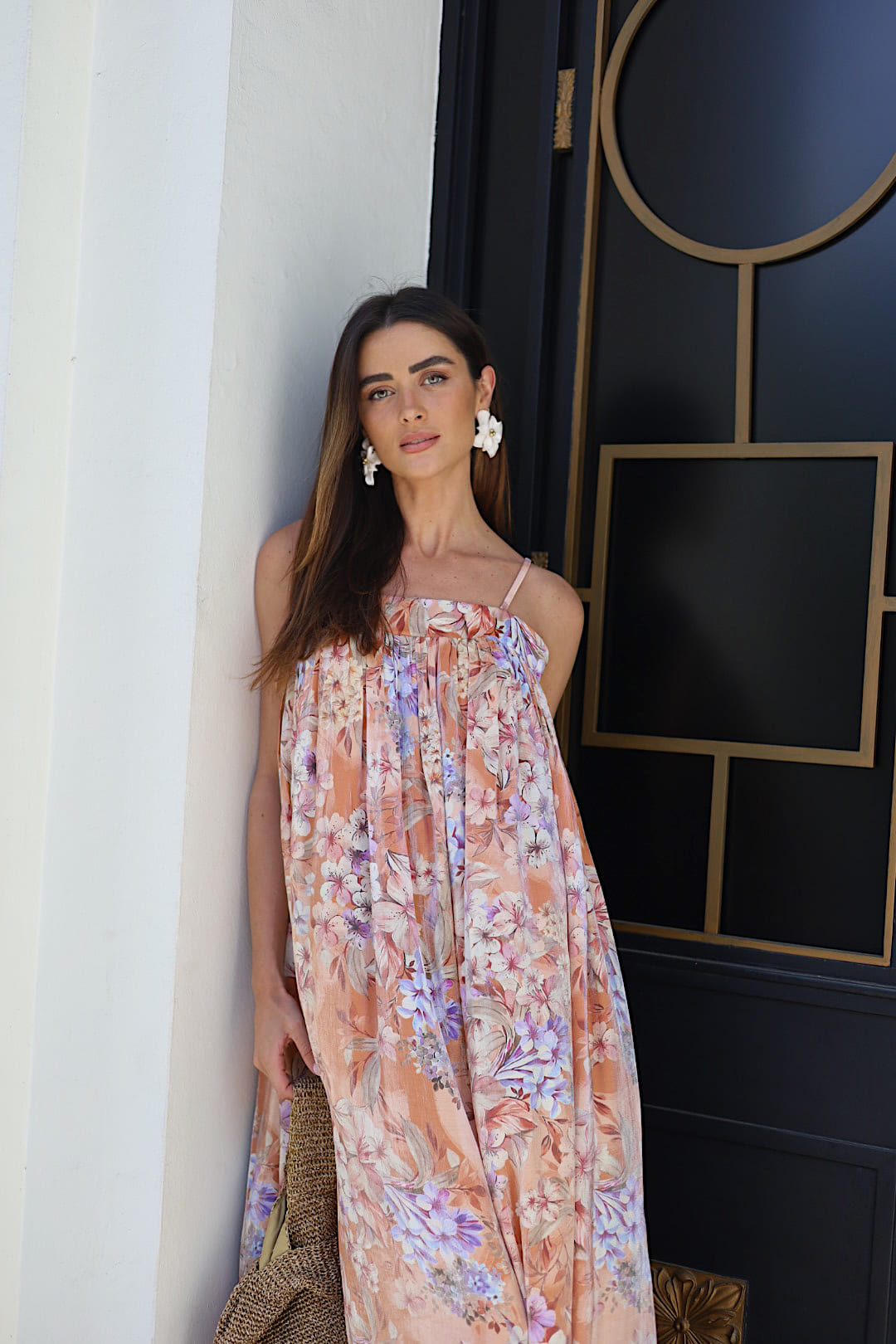 FLOWING SALMON DRESS WITH FLORAL PRINT
