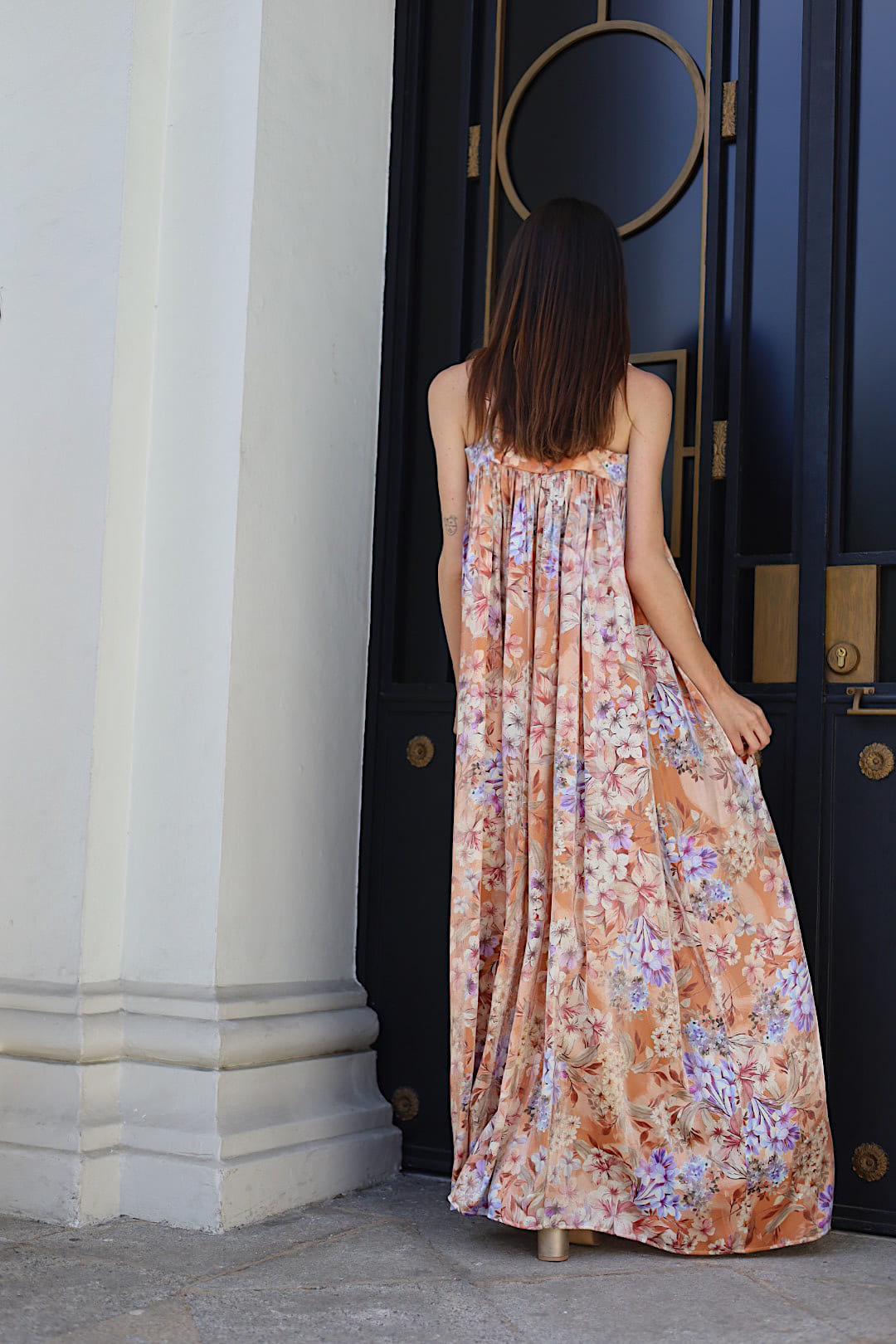 FLOWING SALMON DRESS WITH FLORAL PRINT