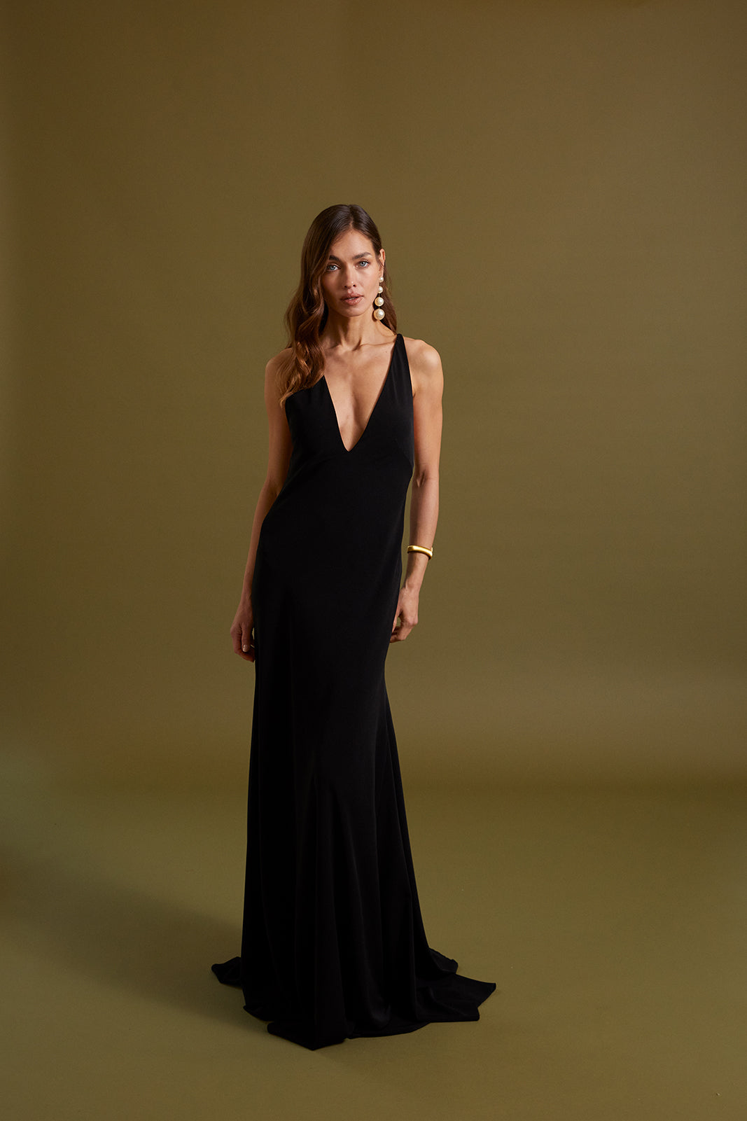 LONG BLACK DRESS WITH THIN SHOULDER STRAPS - KAO LONG BLACK DRESS WITH THIN SHOULDER STRAPS - KAO