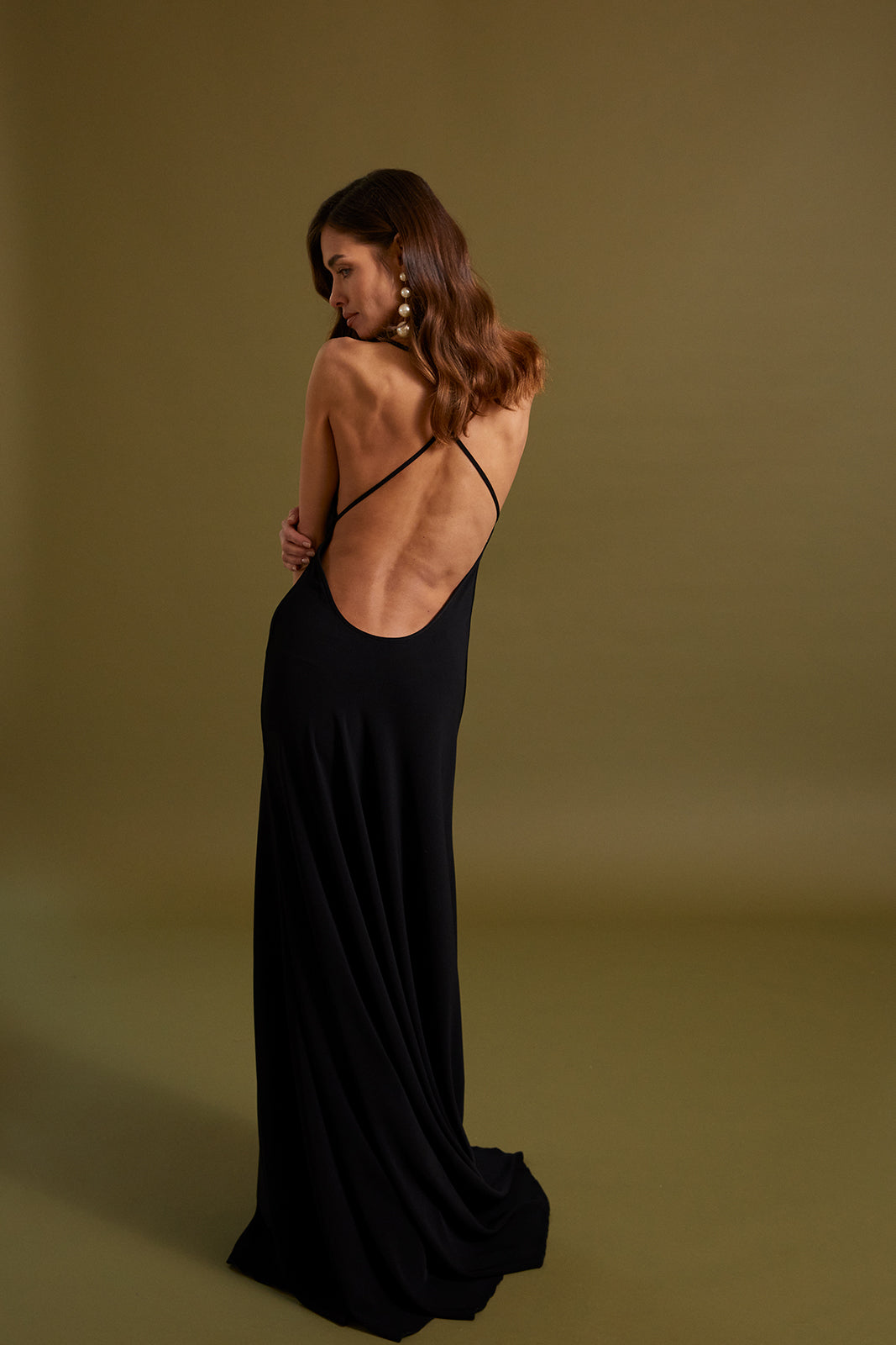 LONG BLACK DRESS WITH THIN SHOULDER STRAPS