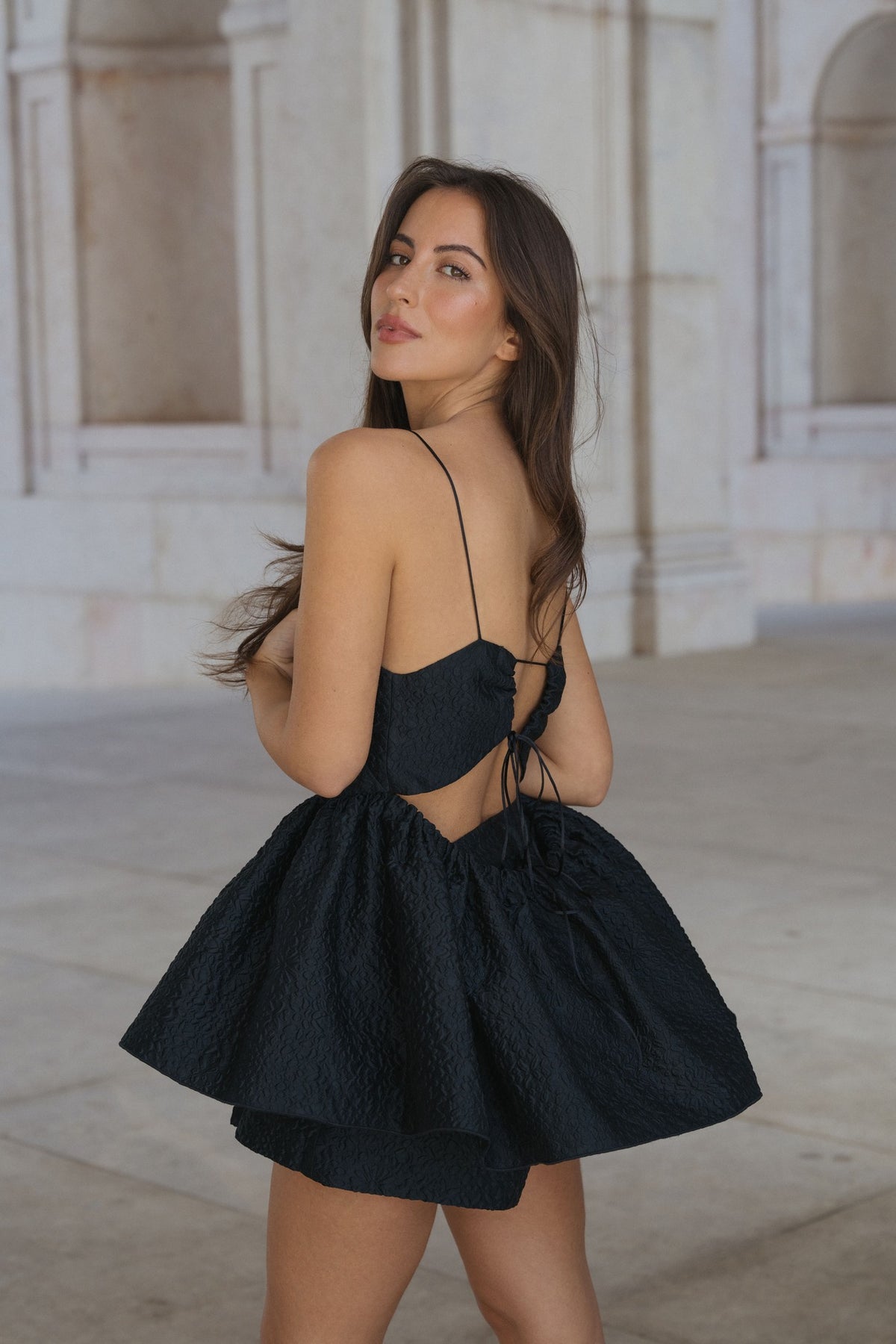 BLACK JACQUARD TOP WITH PUFFED SKIRT