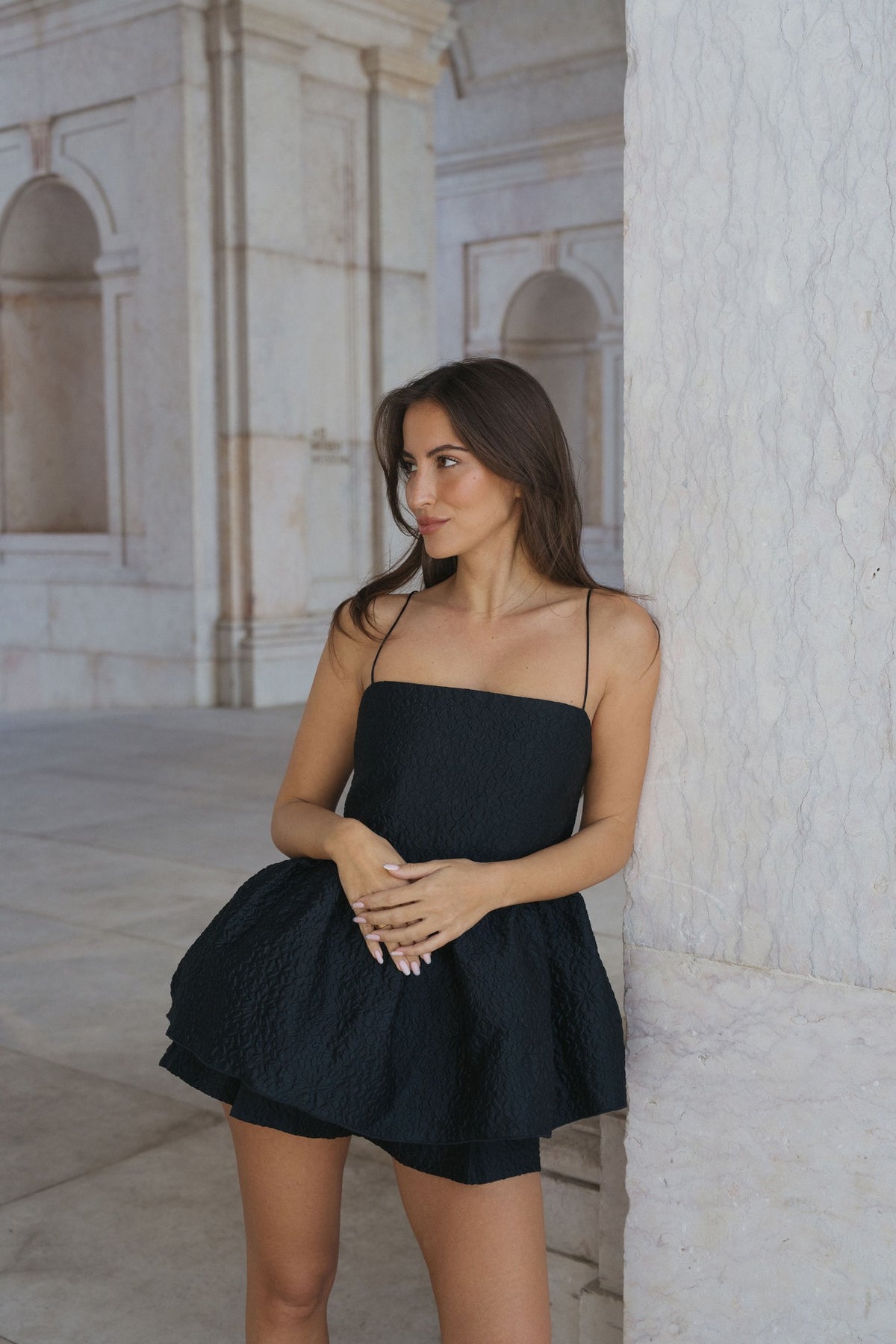 BLACK JACQUARD TOP WITH PUFFED SKIRT