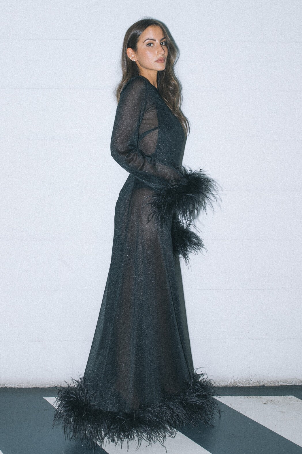 BLACK FEATHER DRESS WITH BODYSUIT