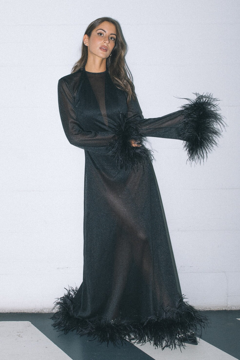 BLACK FEATHER DRESS WITH BODYSUIT