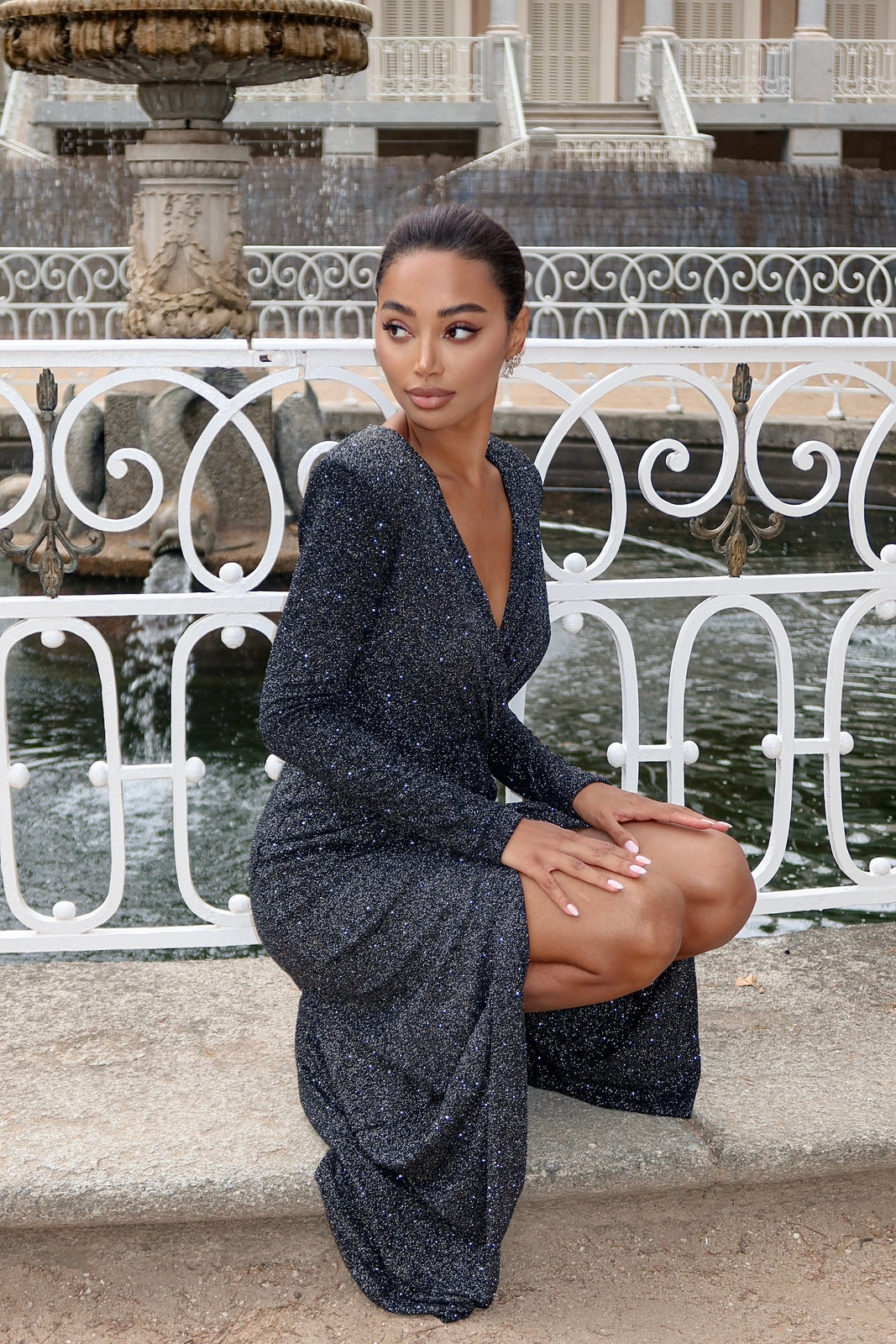 LONG BLACK LUREX DRESS WITH SLIT