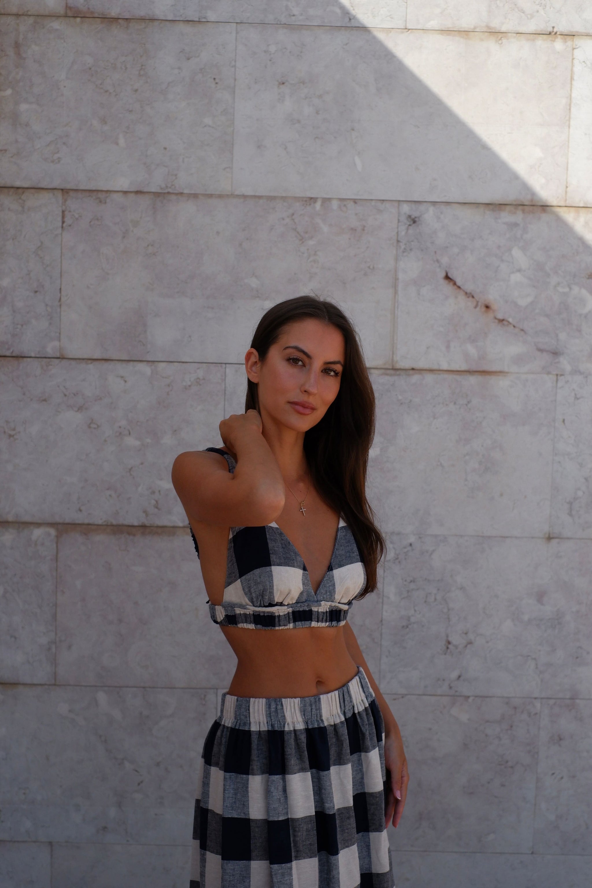 LONG SKIRT NAVY BLUE LINEN CHECKERED KAOA