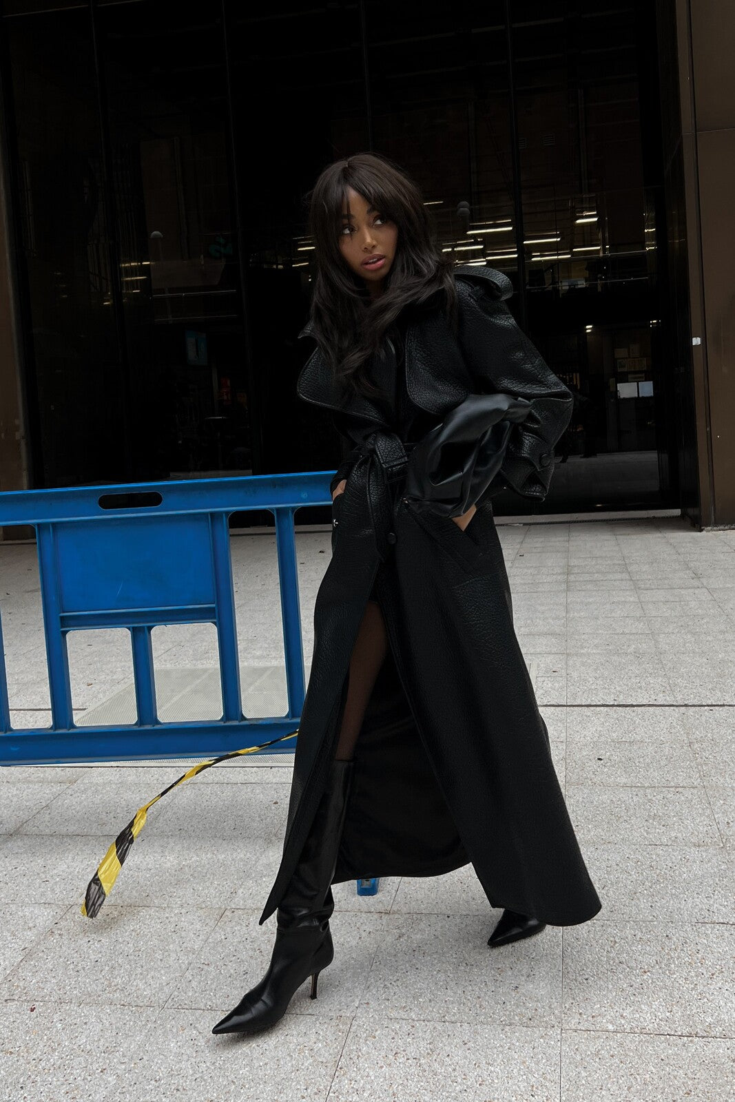 BLACK TEXTURED TRENCH COAT
