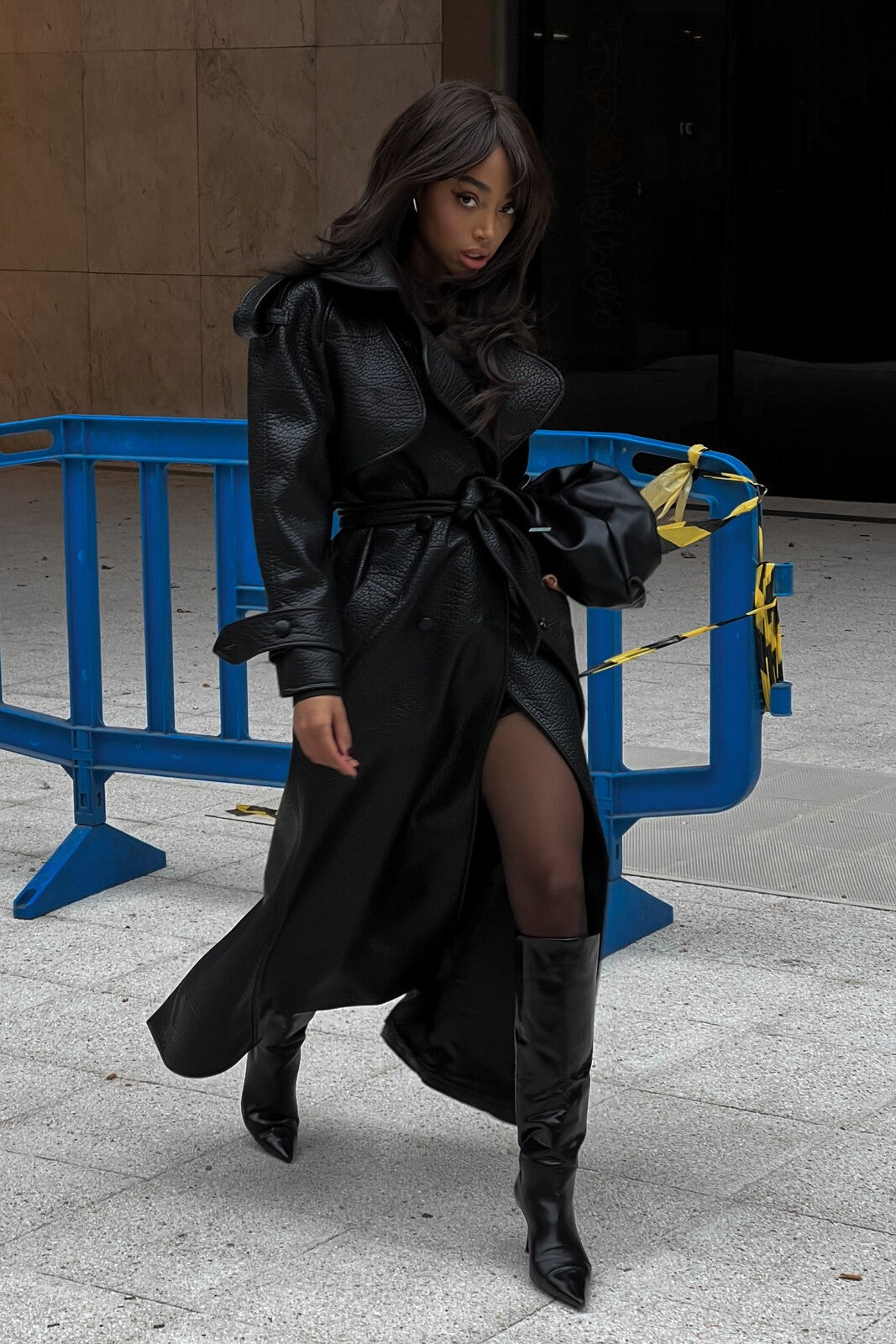 BLACK TEXTURED TRENCH COAT