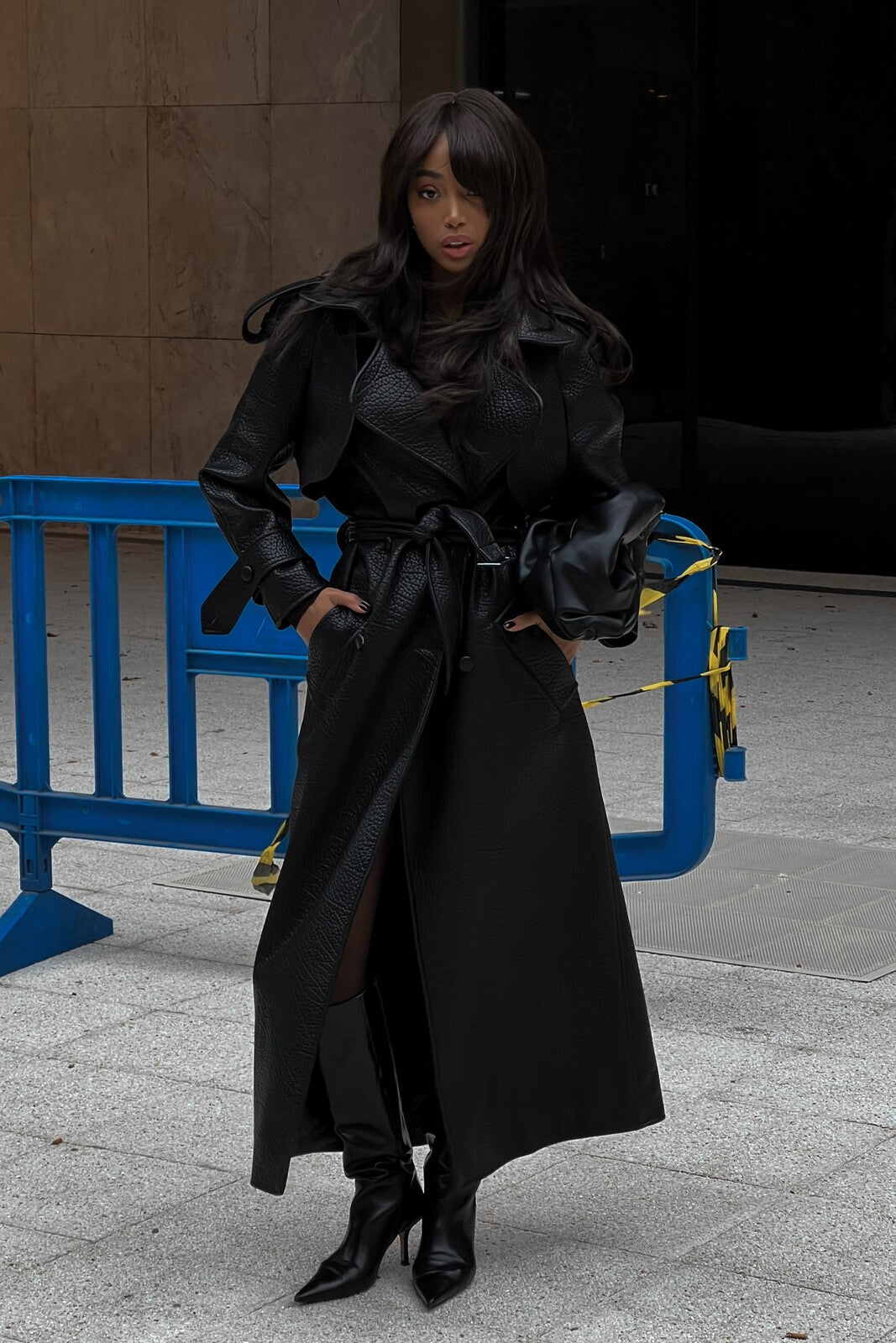 BLACK TEXTURED TRENCH COAT