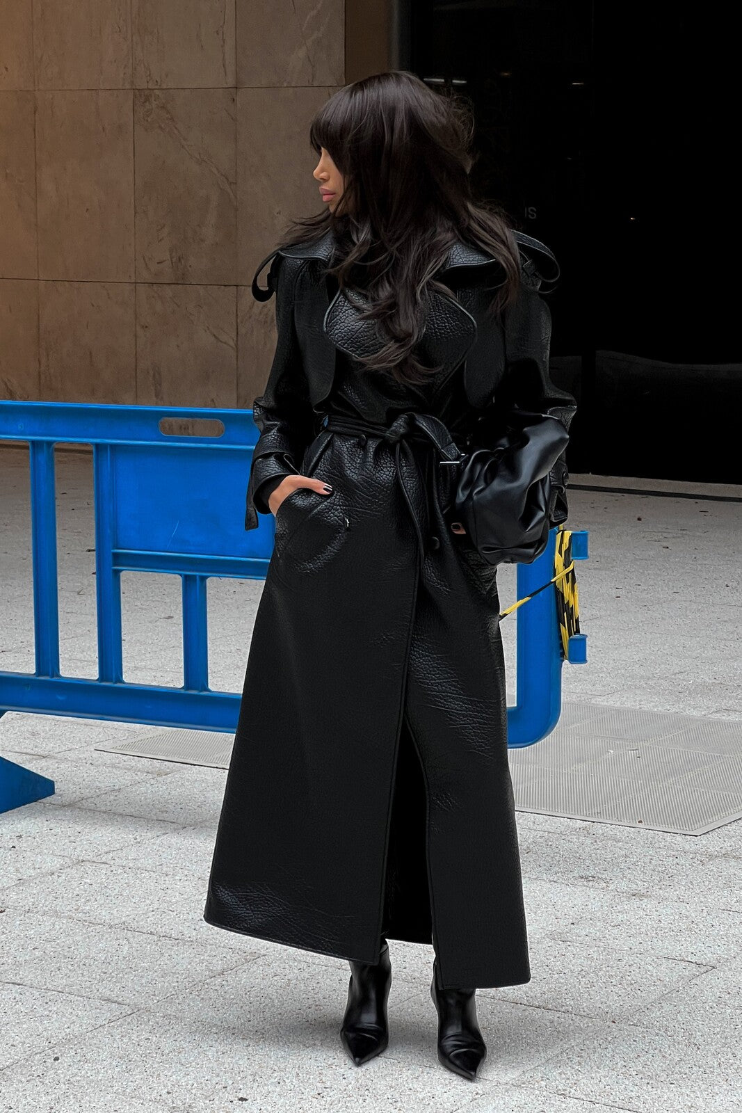 BLACK TEXTURED TRENCH COAT