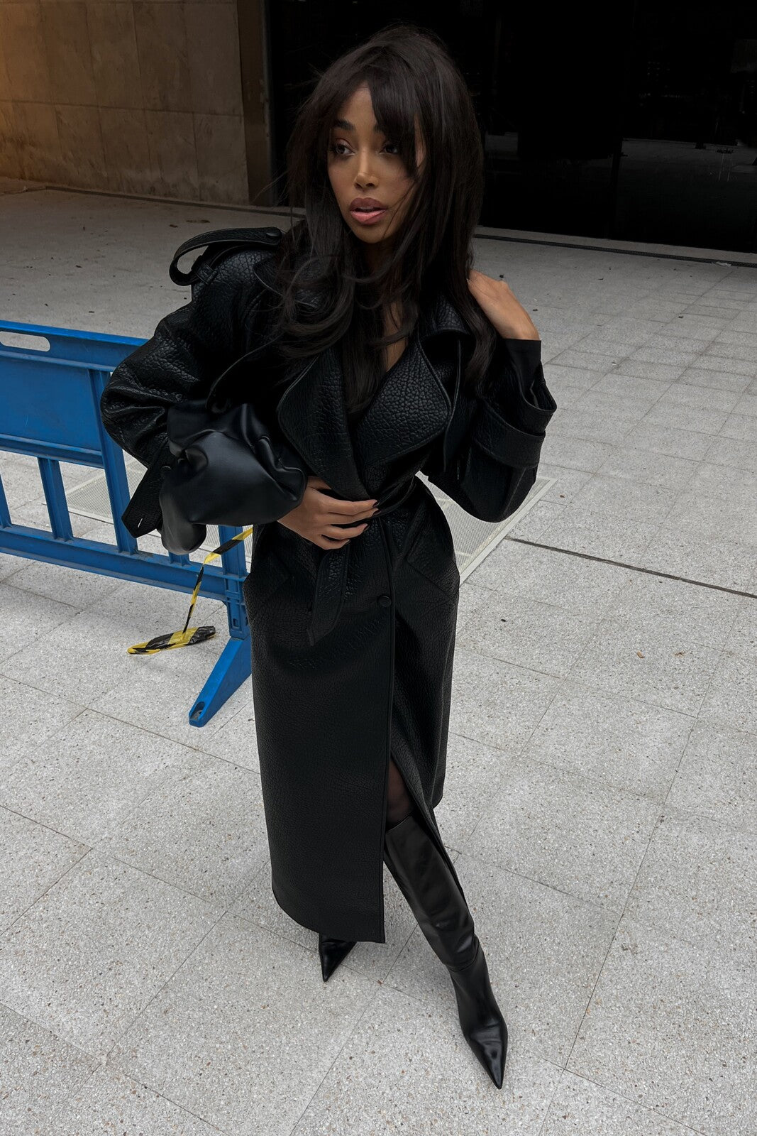BLACK TEXTURED TRENCH COAT