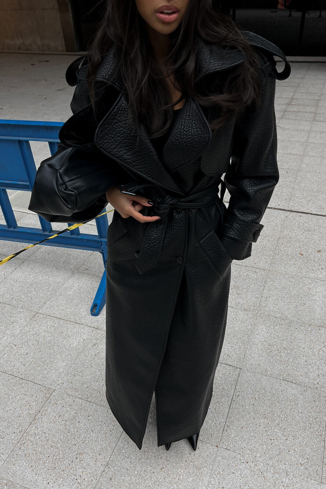 BLACK TEXTURED TRENCH COAT