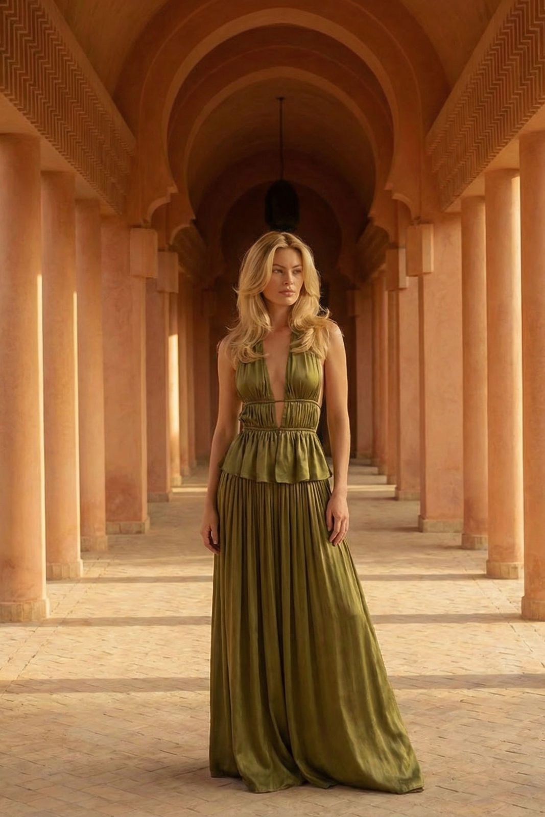 KHAKI GREEN FLOWING LONG SKIRT