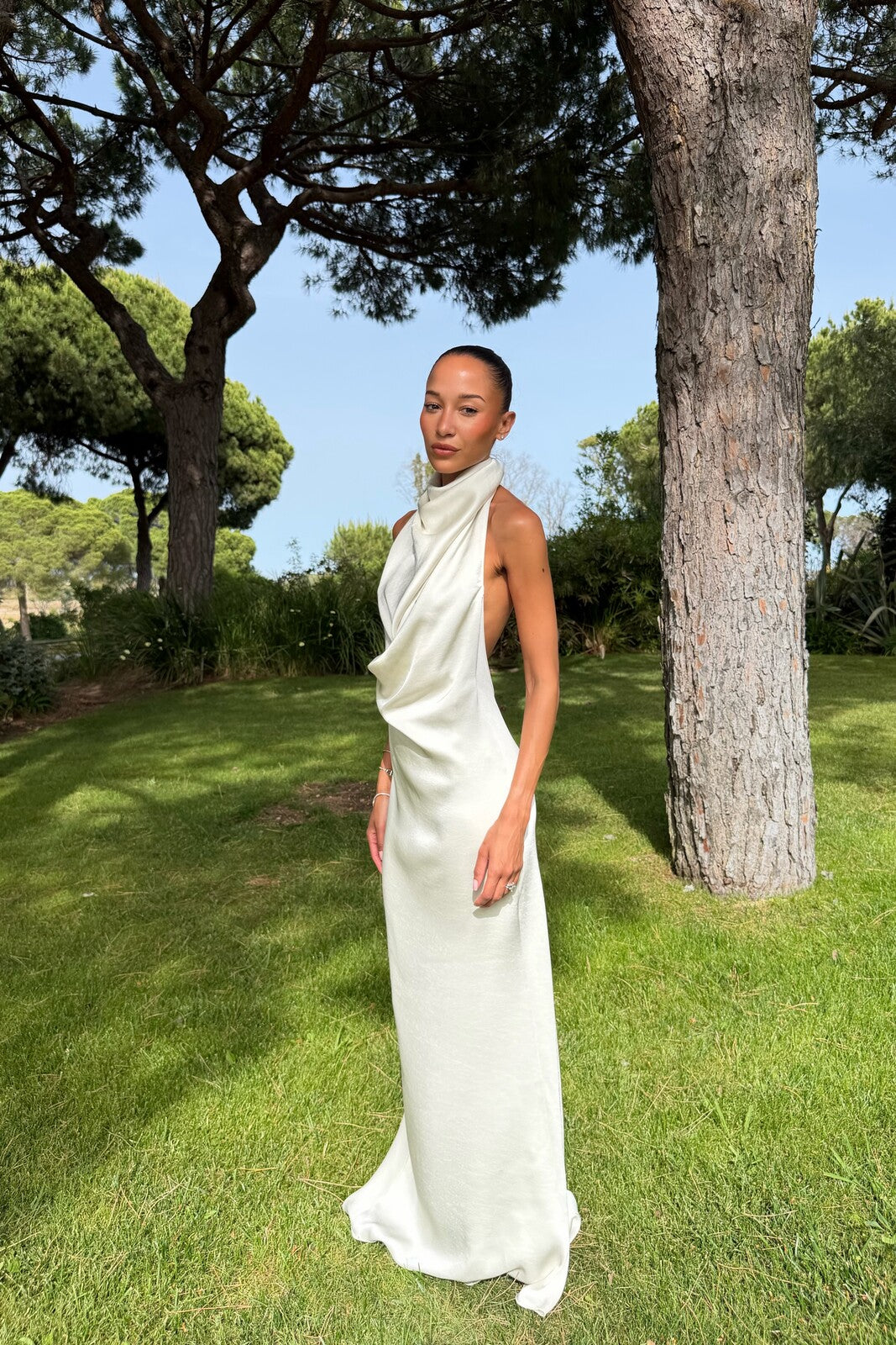 LONG CHAMPAGNE DRESS WITH DRAPED NECKLINE AND OPEN BACK