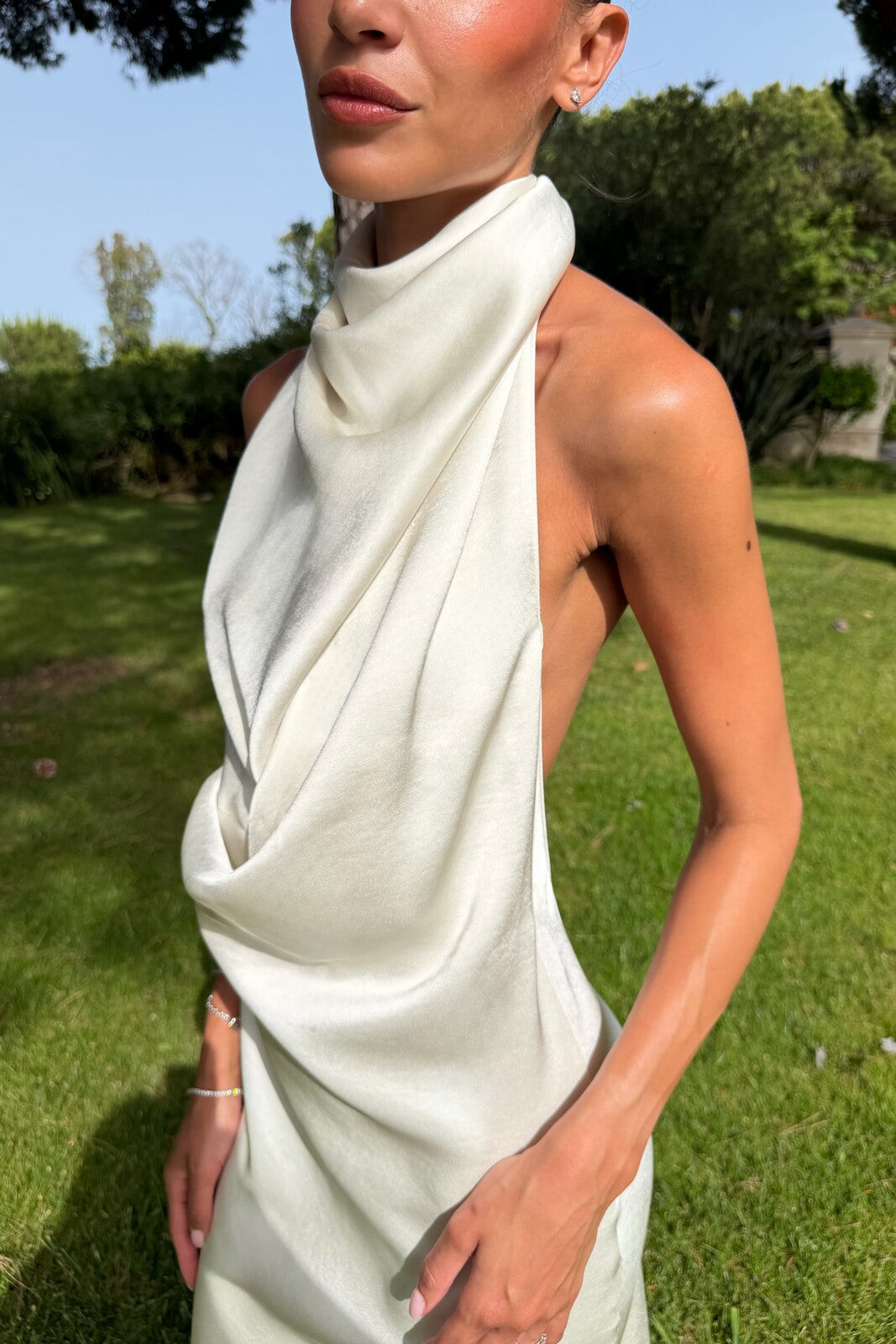 LONG CHAMPAGNE DRESS WITH DRAPED NECKLINE AND OPEN BACK