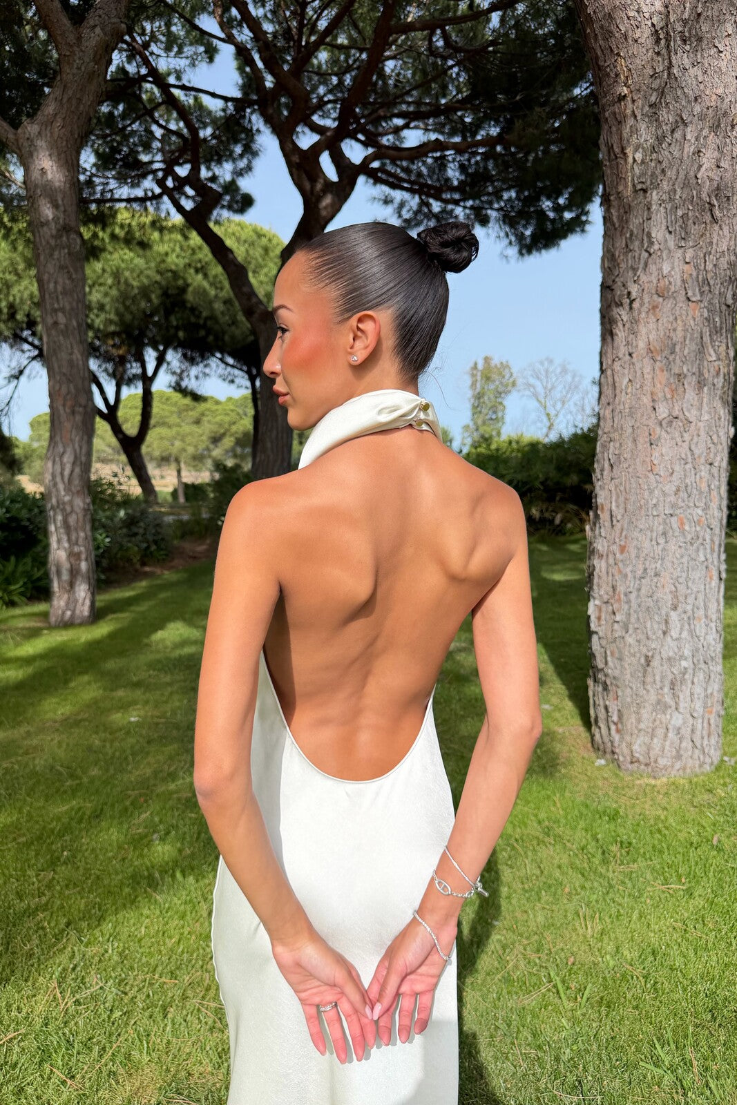 LONG CHAMPAGNE DRESS WITH DRAPED NECKLINE AND OPEN BACK