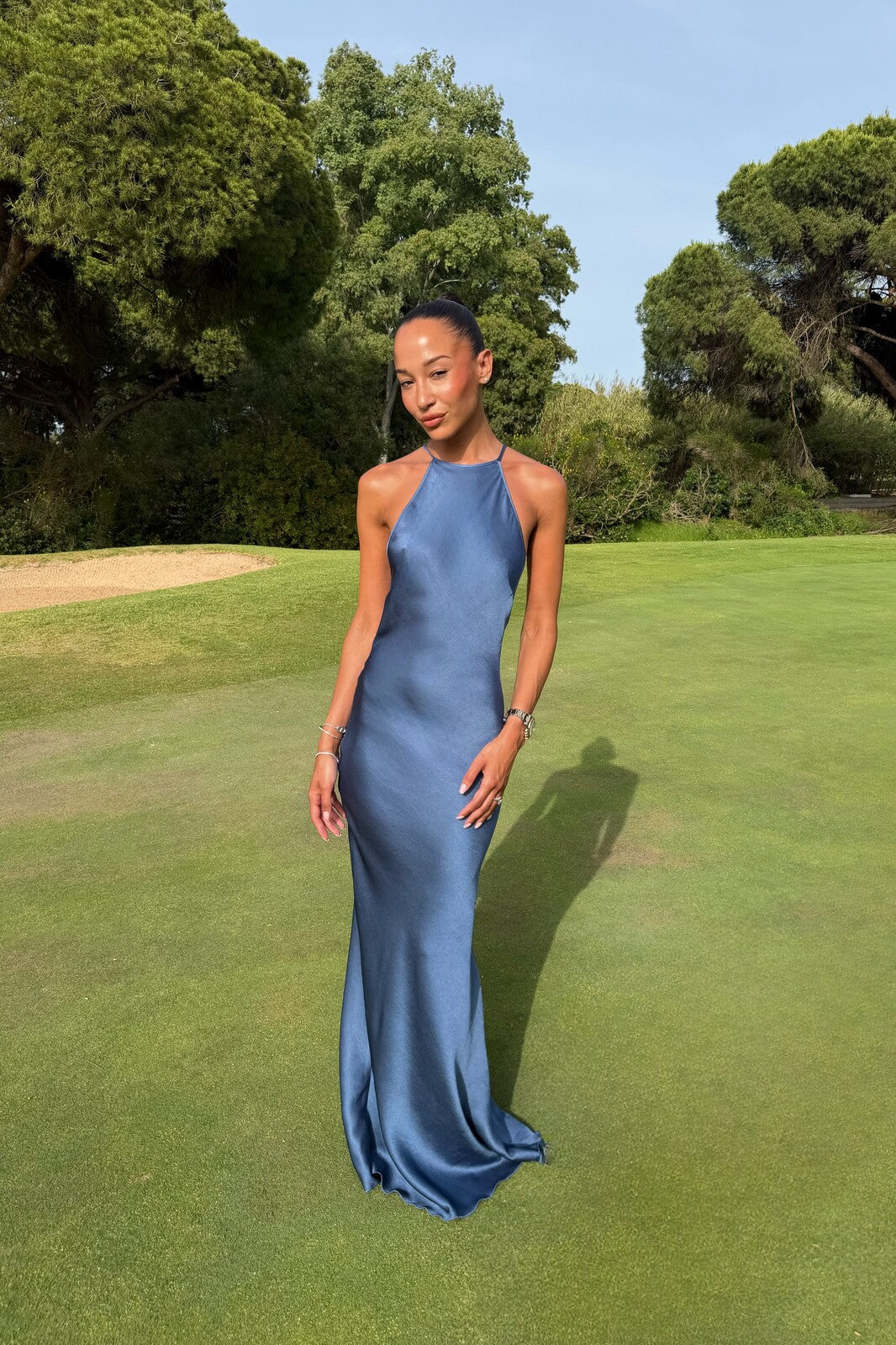 LONG DENIM BLUE DRESS WITH BACK EMBELLISHMENT